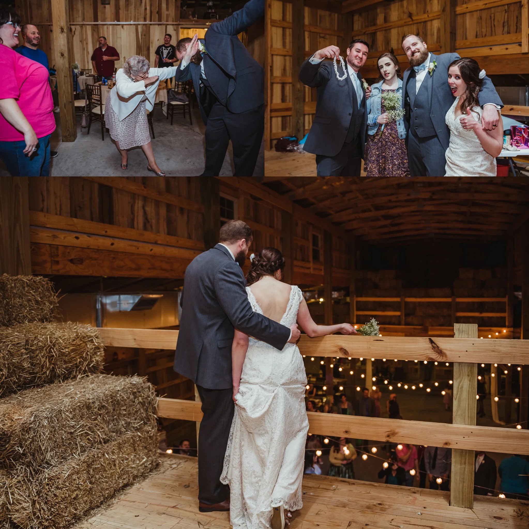 The groom dabs with his Grandma while the bride and groom pose with the two guests that caught the bouquet and the garter during their wedding reception at Carlee Farm in Oxford, NC, taken by Rose Trail Images.