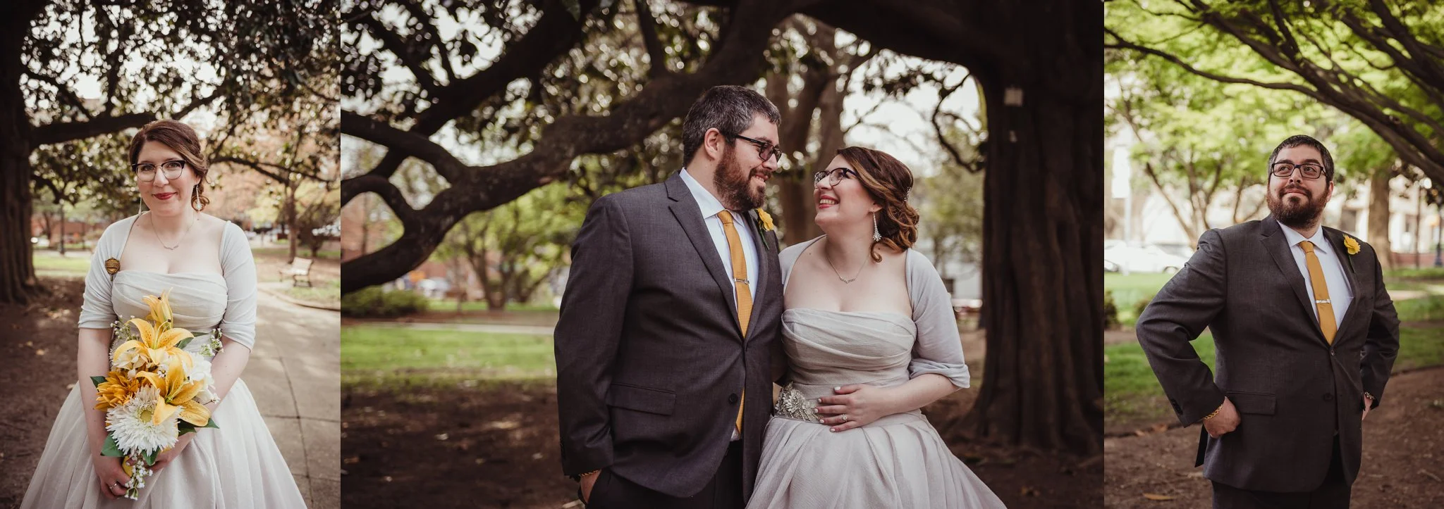 The bride and groom pose in the park before their wedding day with Rose Trail Images in downtown Raleigh, NC.