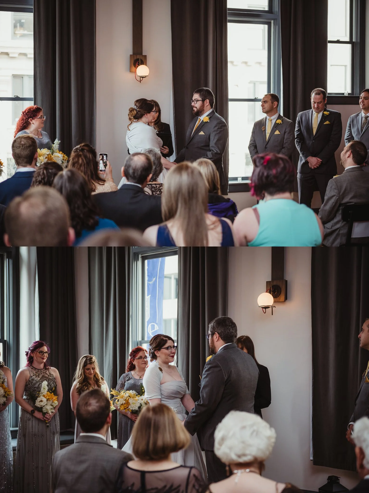 The bride and groom look at each other during their vows at their wedding ceremony at The Bridge Club in Raleigh, NC, picture by Rose Trail Images.