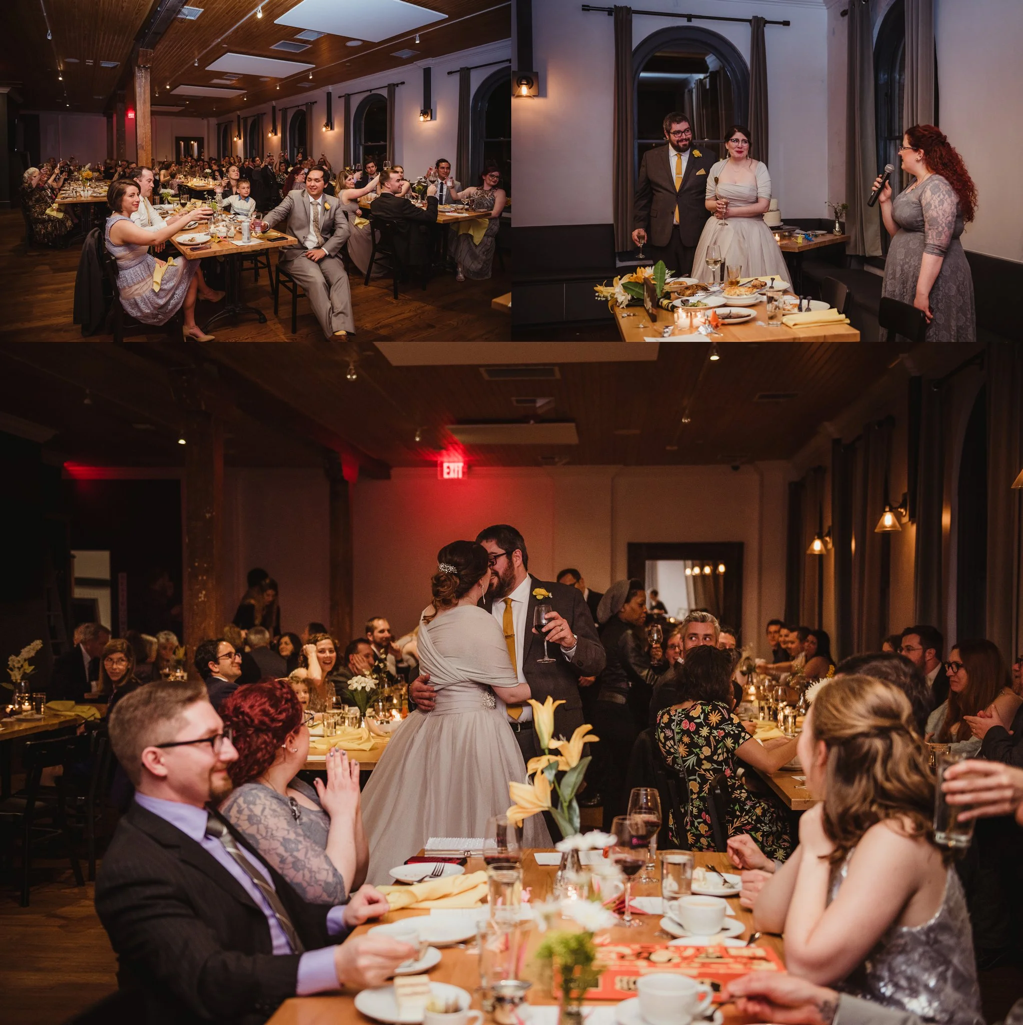 The bride and groom toast and kiss at their wedding reception in Raleigh, NC, picture by Rose Trail Images.