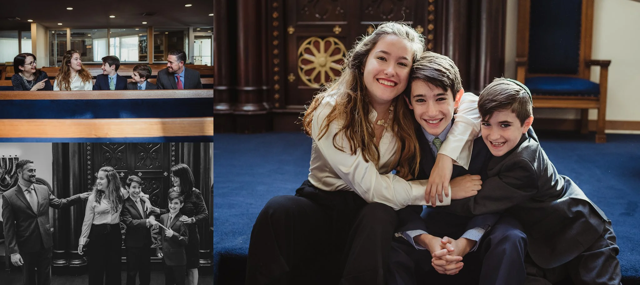The mitzvah boy posed on the bema with his family and siblings for pictures with Rose Trail Images at Temple Beth Or in Raleigh, North Carolina.