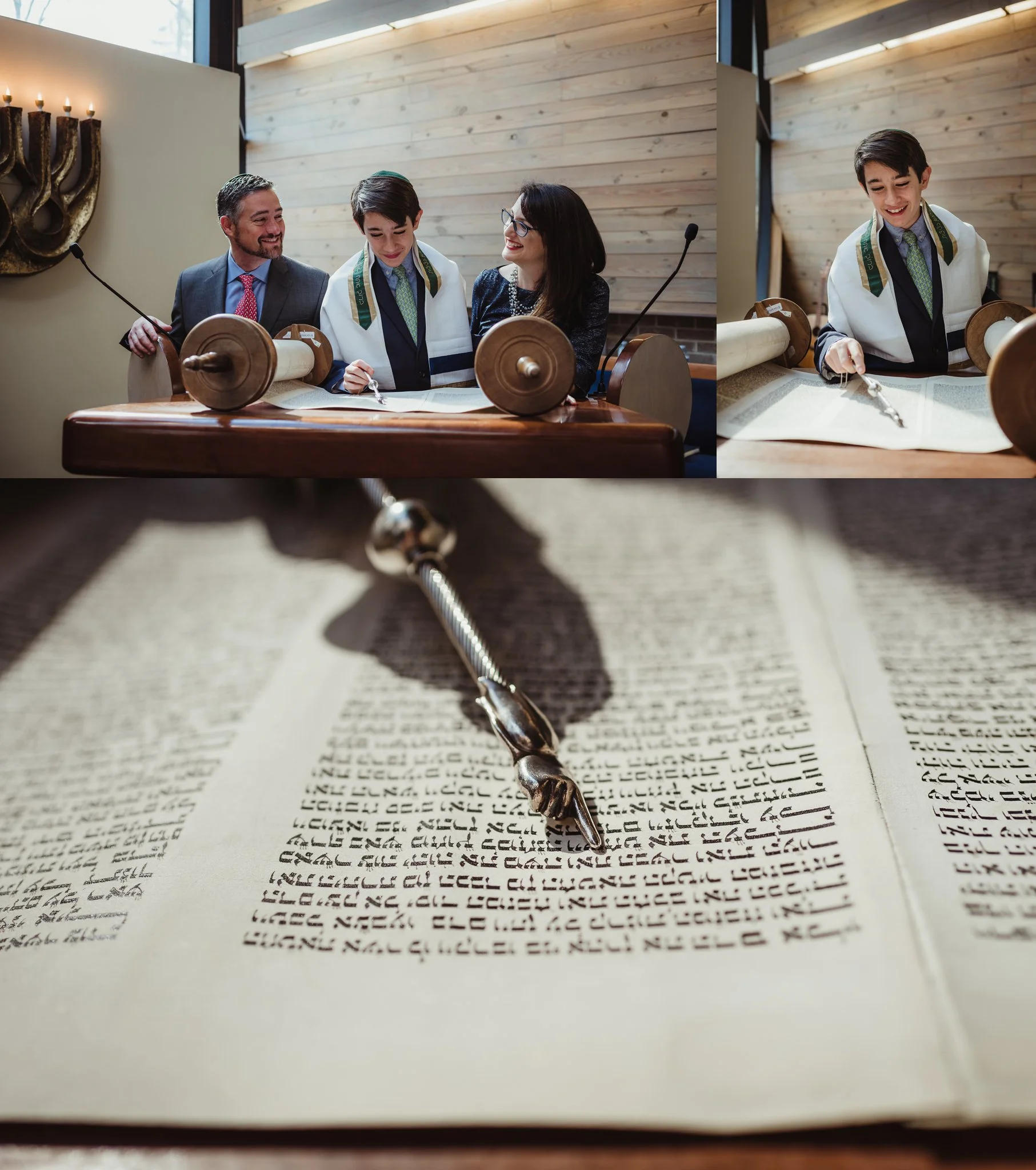 The mitzvah boy posed on the bema with the torah and his mom and dad for pictures with Rose Trail Images at Temple Beth Or in Raleigh, North Carolina.