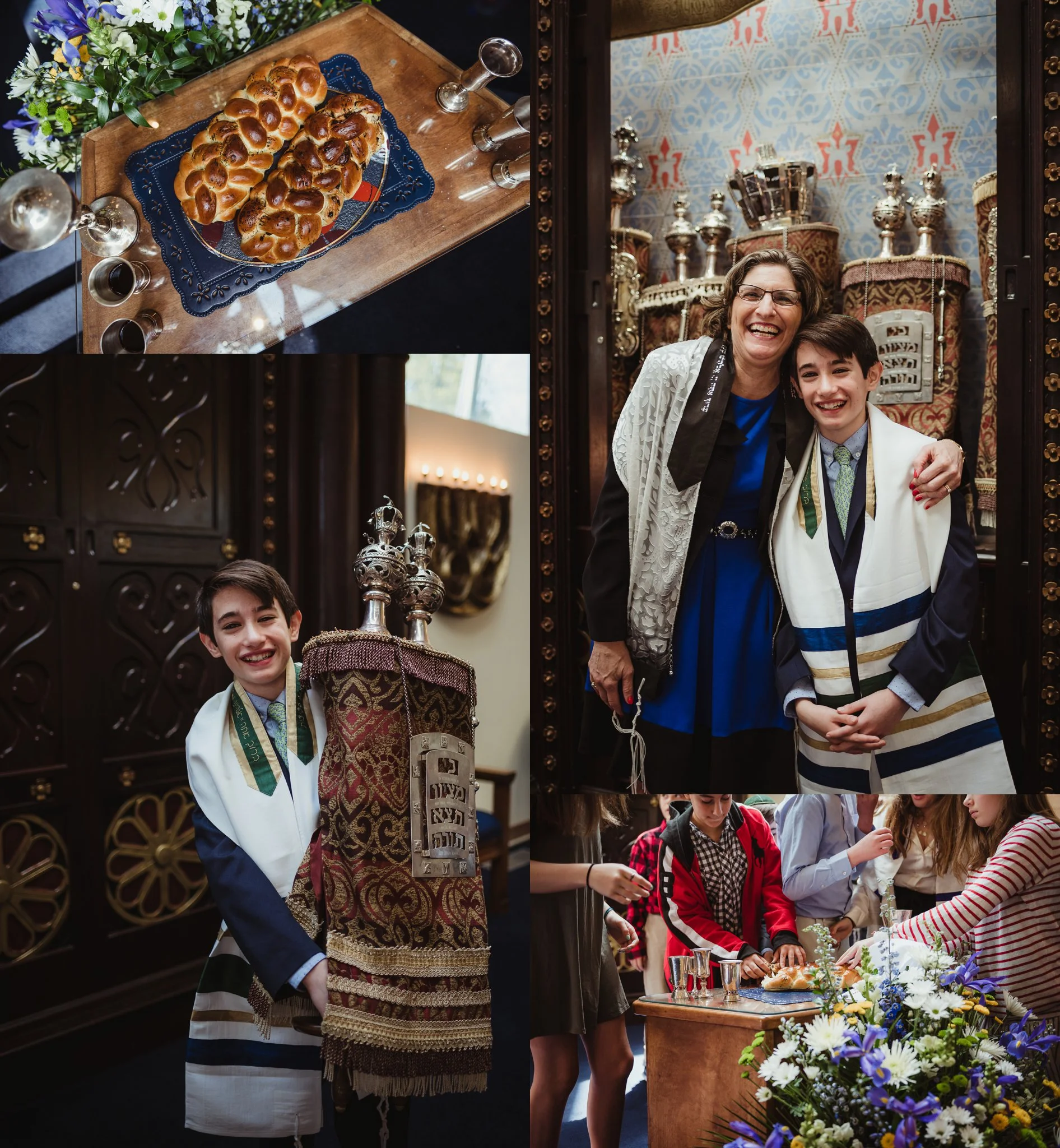 The mitzvah boy posed on the bema with the torah and the rabbi for pictures with Rose Trail Images at Temple Beth Or in Raleigh, North Carolina, as well as detail pictures of the challah bread.