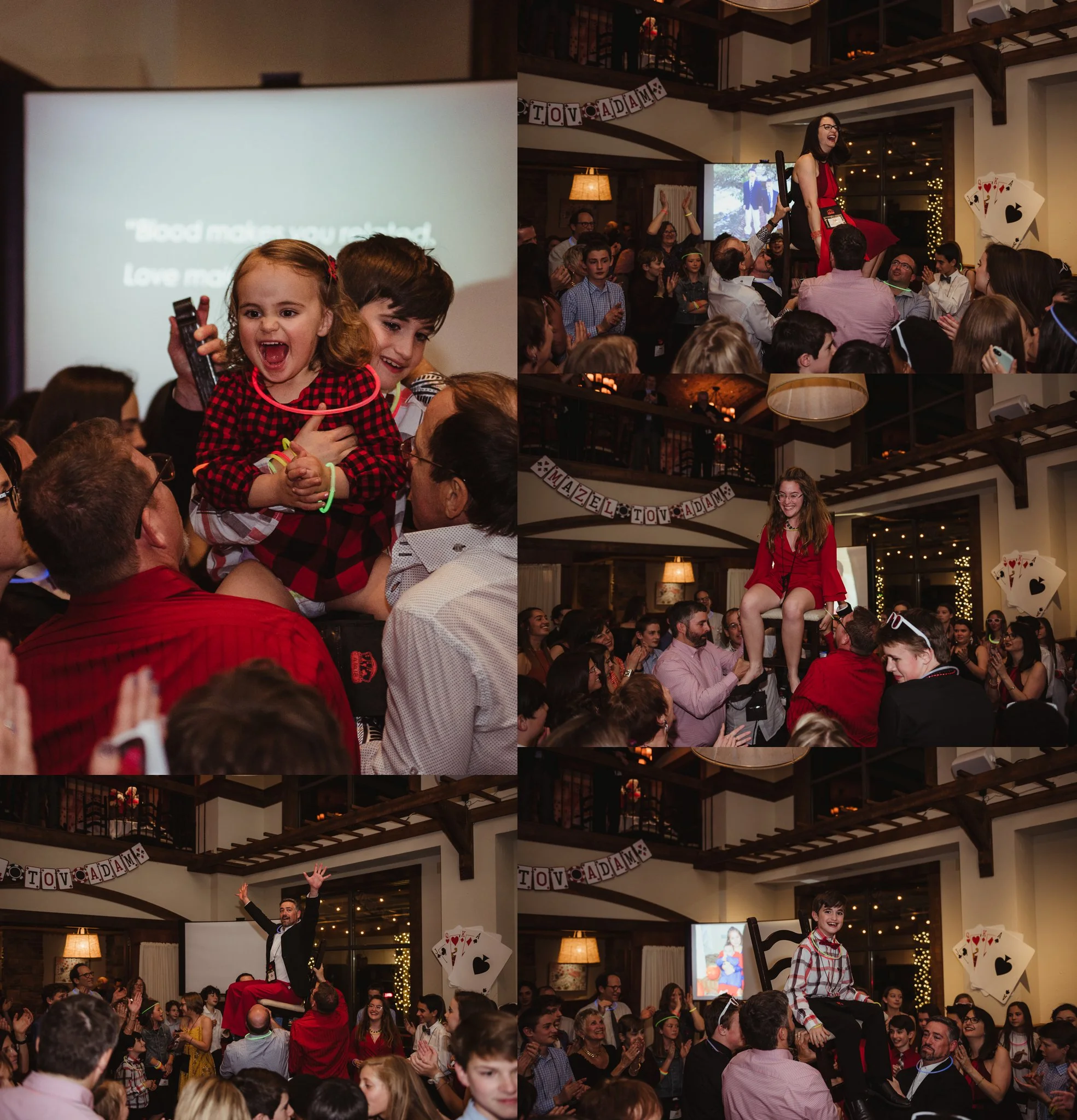 The whole family doing the hora at the casino themed mitzvah celebration at Mia Francesca of North Hills in Raleigh, North Carolina, pictures taken by Rose Trail Images.