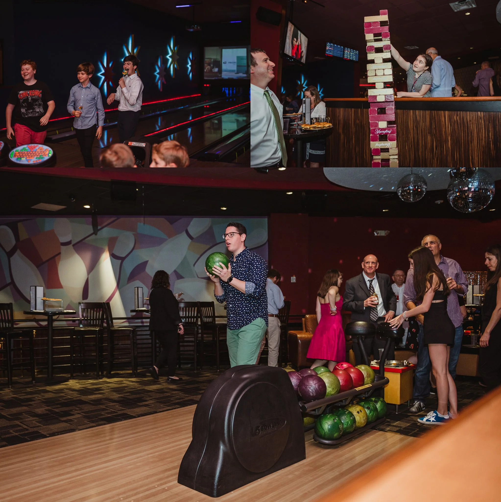 Friends and family bowl, play jenga, and smile for Rose Trail Images at the mitzvah reception at Kings in Raleigh, North Carolina.