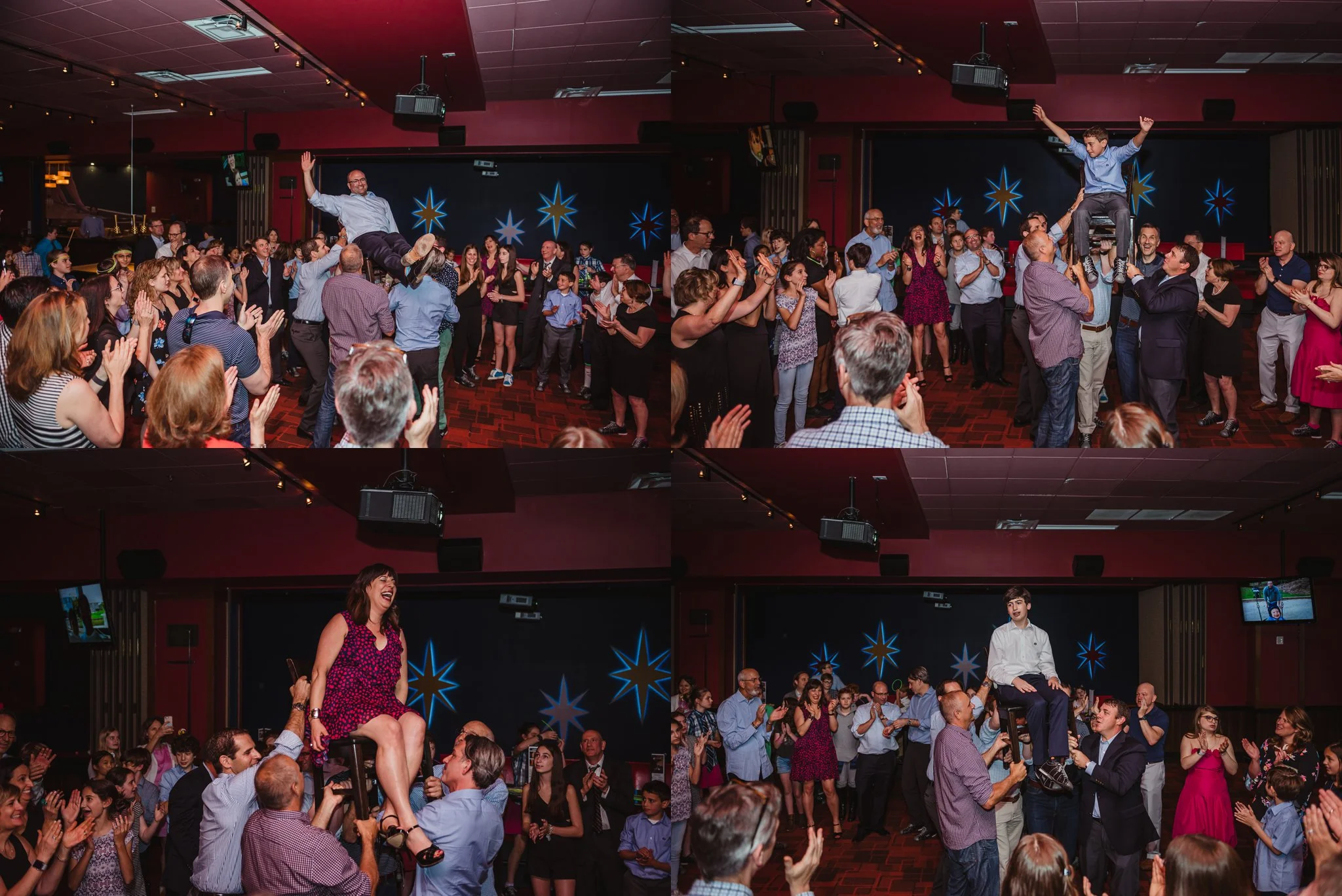 The family gets raised on the chair, while dancing the hora and smiling for Rose Trail Images at the mitzvah reception at Kings in Raleigh, North Carolina.