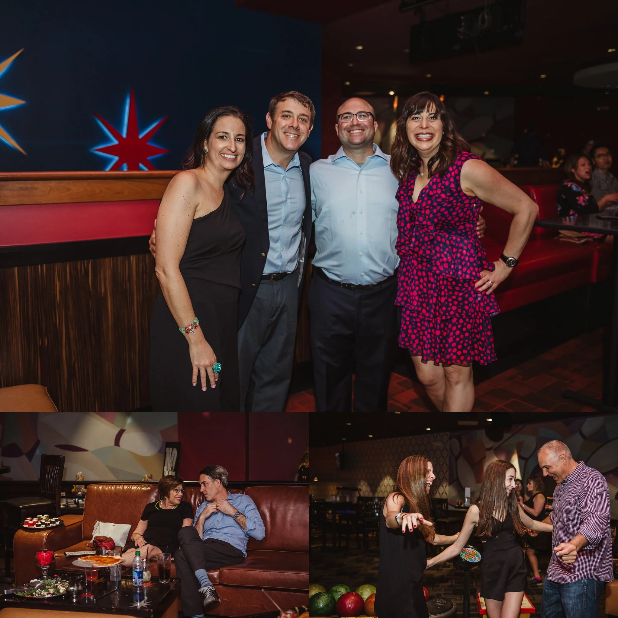 Friends and family pose, laugh, and smile for Rose Trail Images at the mitzvah reception at Kings in Raleigh, North Carolina.