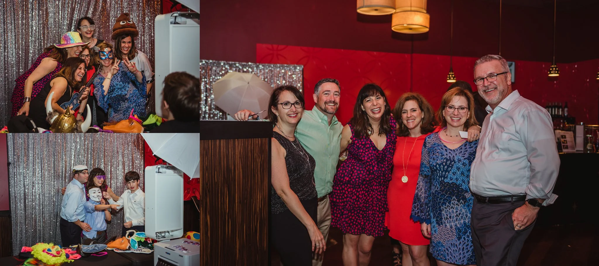 Friends and family play in the photo booth and smile for Rose Trail Images at the mitzvah reception at Kings in Raleigh, North Carolina.