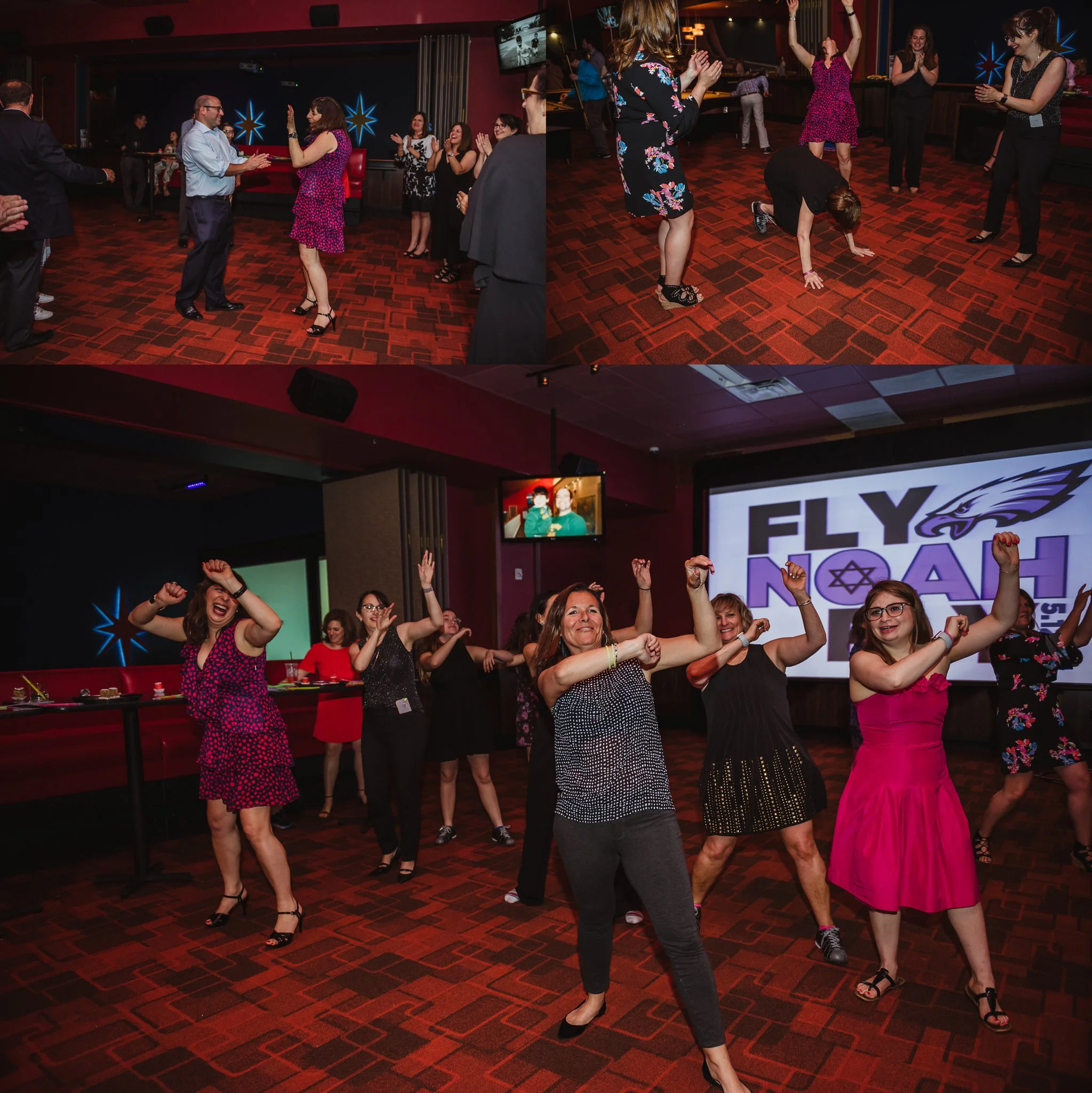 Friends and family dance with the DJ and smile for Rose Trail Images at the mitzvah reception at Kings in Raleigh, North Carolina.