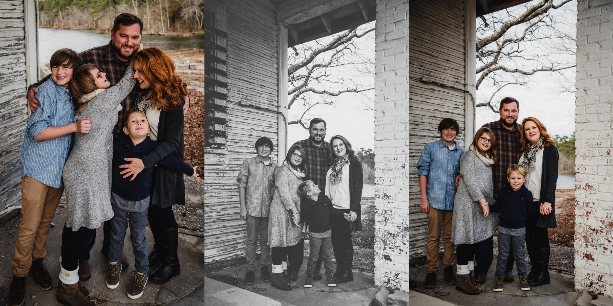 This family of five posed in front of an abandoned store front at Lake Myra in Wendell, NC for their family pictures with Rose Trail Images.