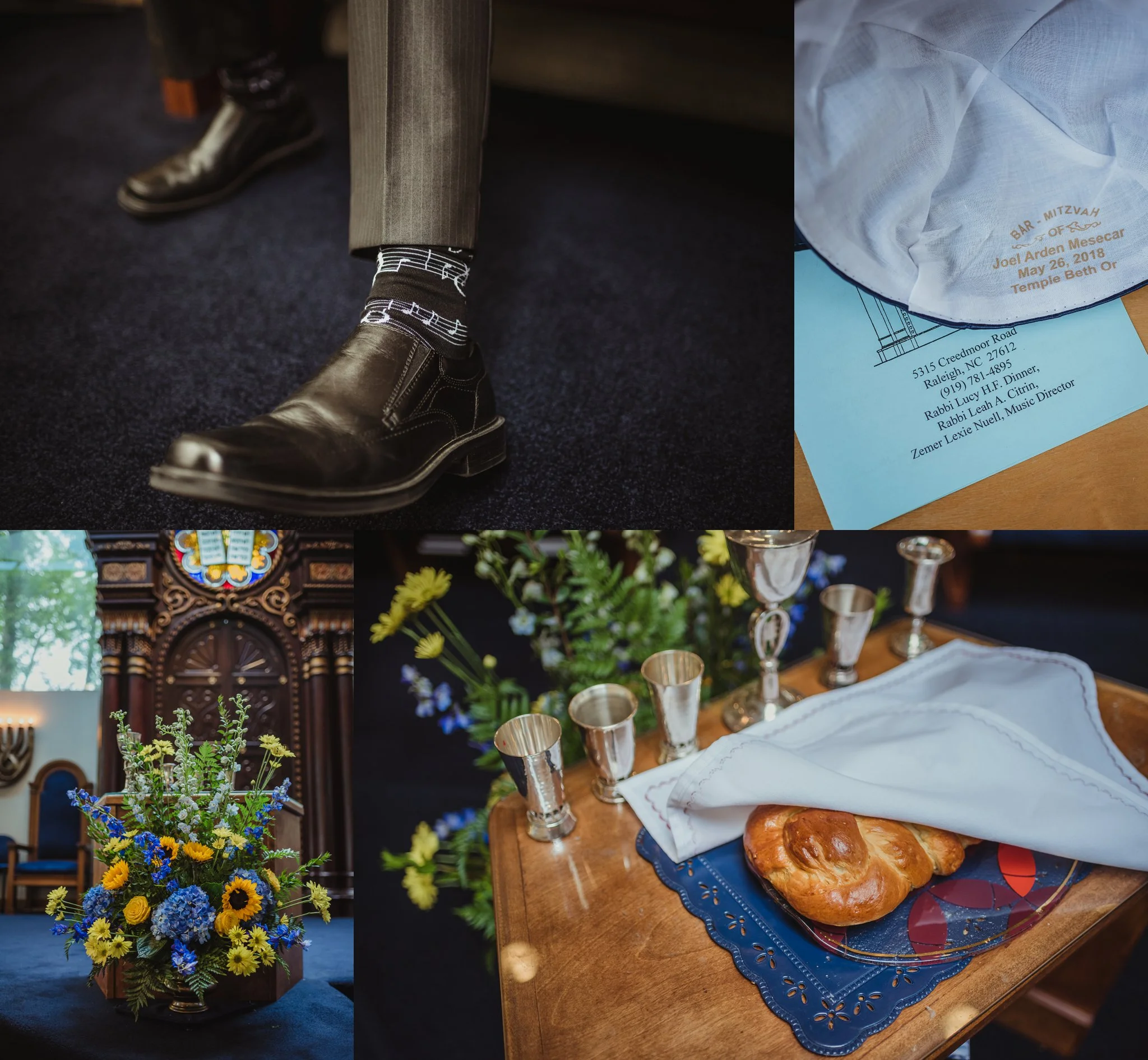Details of the mitzvah celebration at Temple Beth Or in Raleigh, North Carolina, such as the ark, kippah, challah bread, and music-themed socks, images by Rose Trail Images.