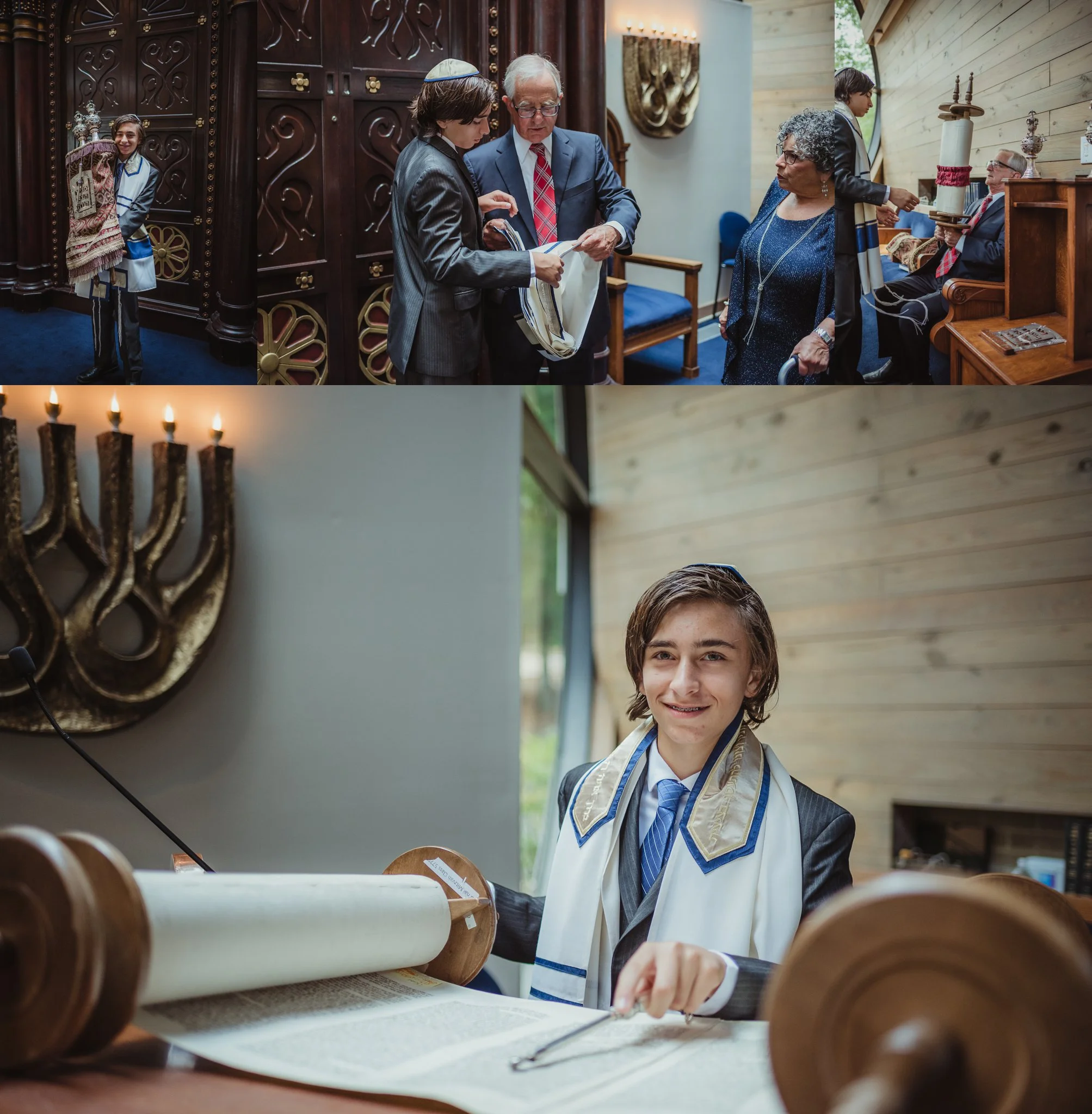 The bar mitzvah boy poses with the Torah for Rose Trail Images at Temple Beth Or in Raleigh, North Carolina.