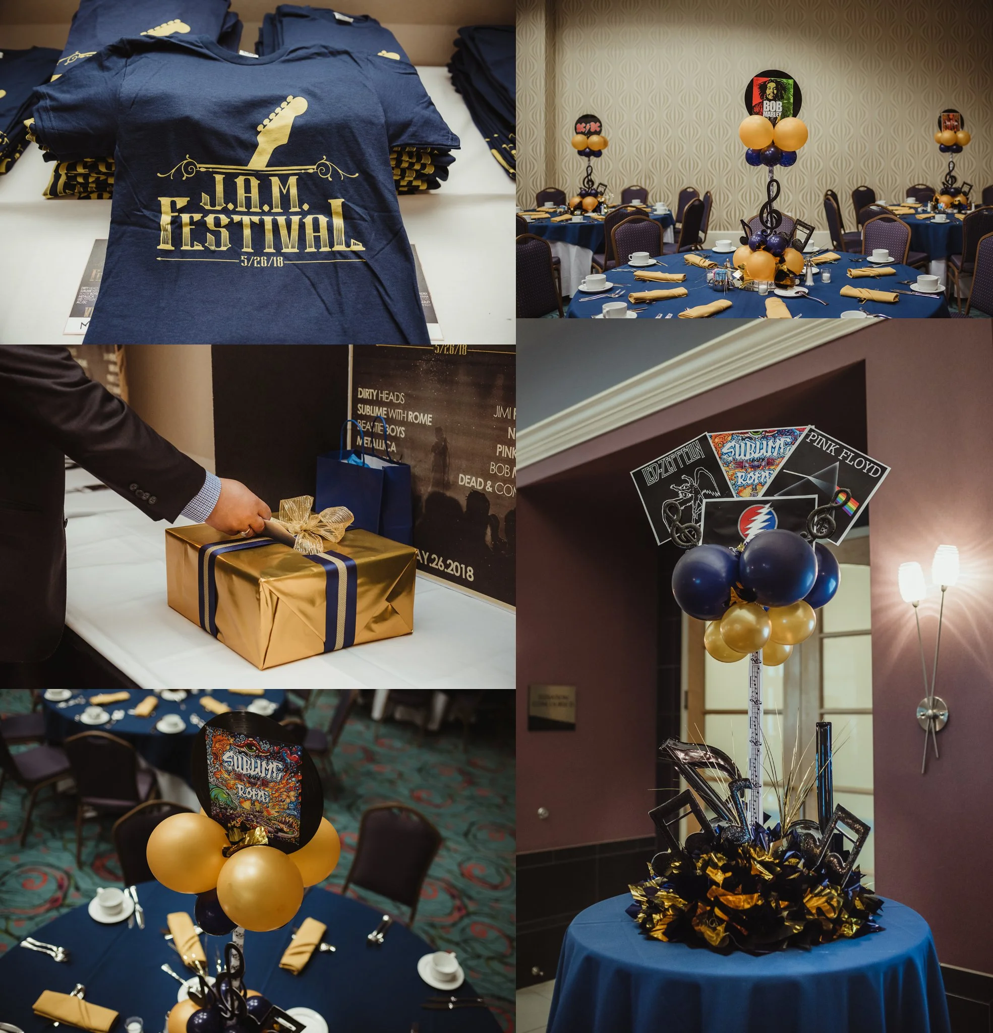 Details of Joel's mitzvah celebration party at Embassy Suites in Raleigh, North Carolina include musical table settings with balloons and homemade t-shirts in a blue and gold color, images by Rose Trail Images.