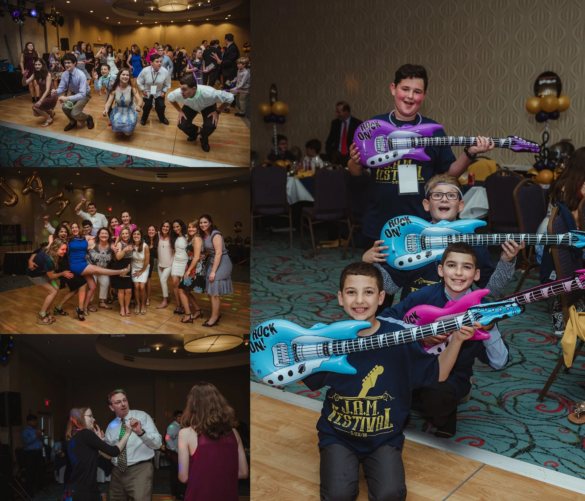 All the guests enjoyed dancing and posing for pictures at Joel's mitzvah celebration party at Embassy Suites in Raleigh, North Carolina, images by Rose Trail Images.