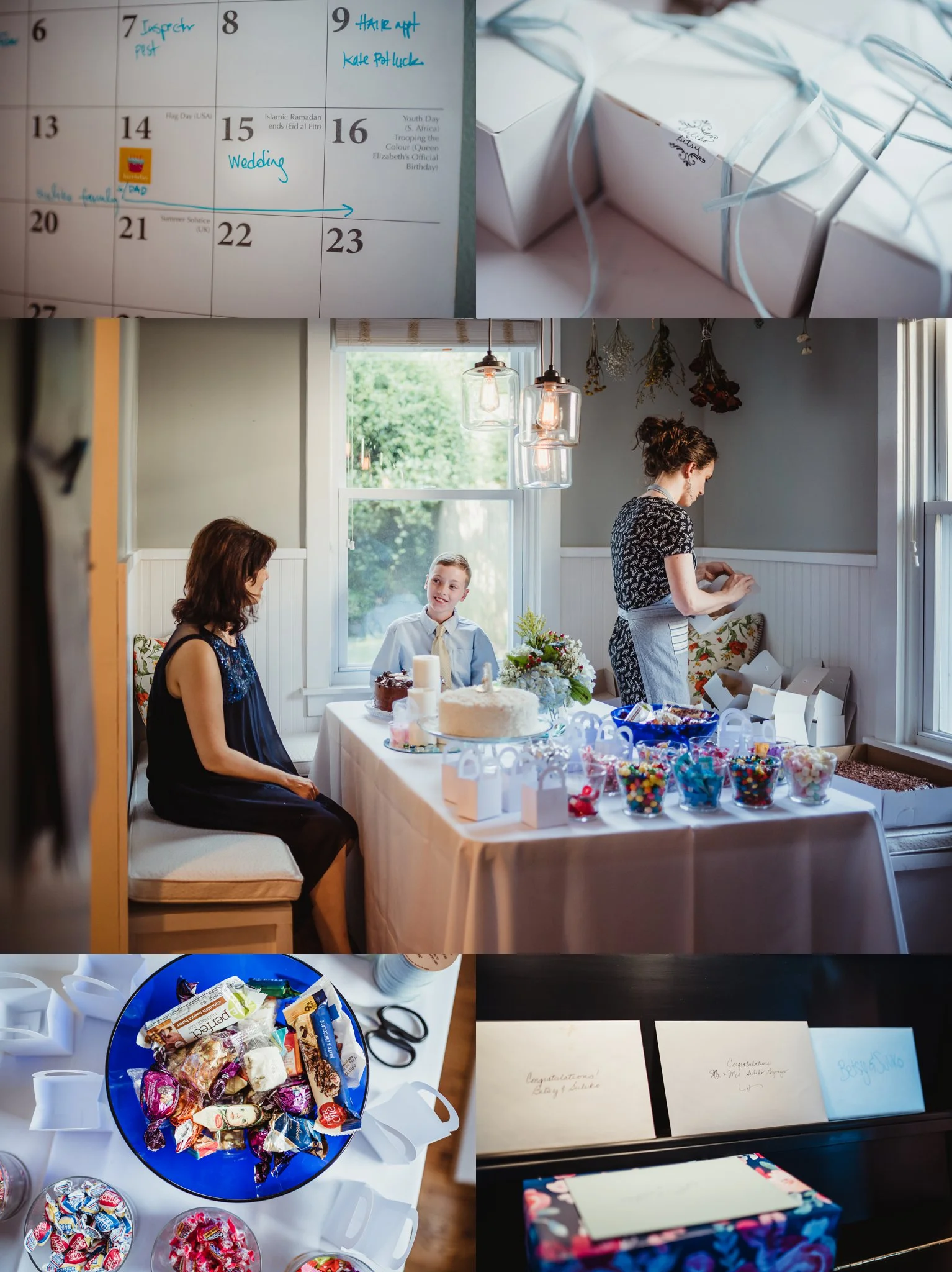 Details of their intimate wedding at home in Raleigh include their calendar, cake boxes with their name, cards on their piano, and ethnic treats from their travels abroad, photos by Rose Trail Images.