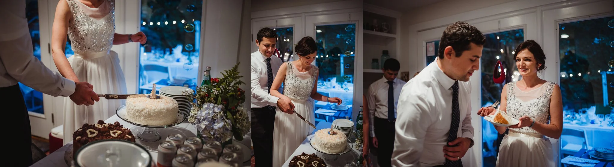 The bride and groom cut their coconut cake inside their home during their intimate wedding at their home in Raleigh, North Carolina, pictures by Rose Trail Images.
