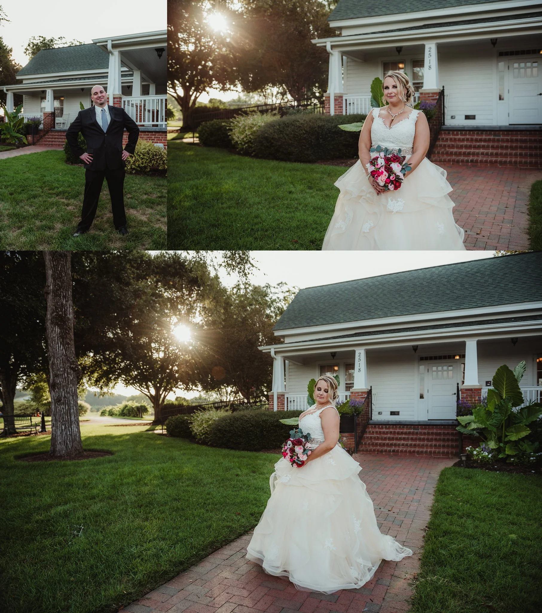 The bride and groom pose for individual portraits at the Rand-Bryan House in Raleigh, photos by Rose Trail Images.