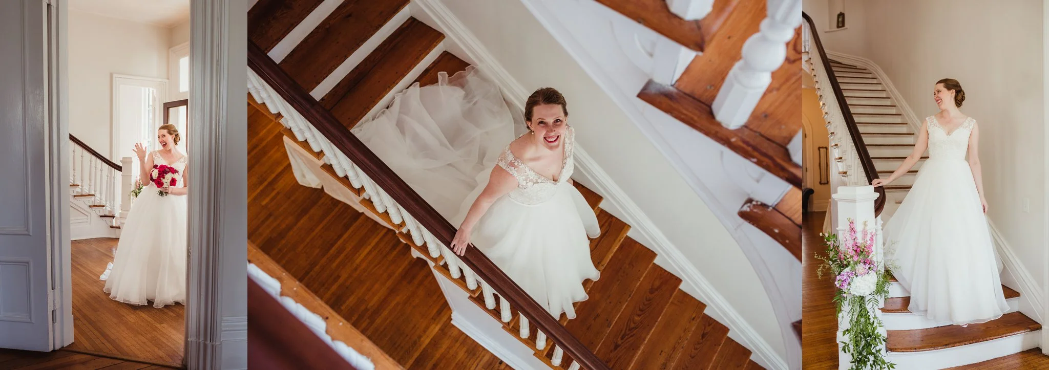 The bride walking down the stairs right before her wedding ceremony at the Merrimon Wynne in Raleigh, photos by Rose Trail Images.
