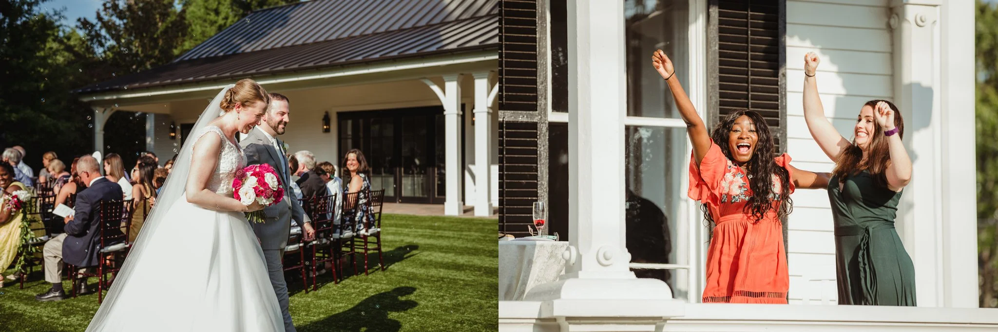 The bride and groom, along with their guests, celebrate after their wedding ceremony at the Merrimon Wynne in Raleigh, photos by Rose Trail Images.