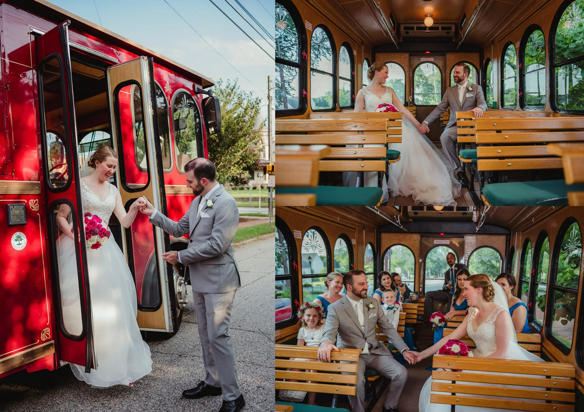 The bride and groom take pictures after the ceremony with the Raleigh Trolley in downtown Raleigh, NC, pictures by Rose Trail Images.