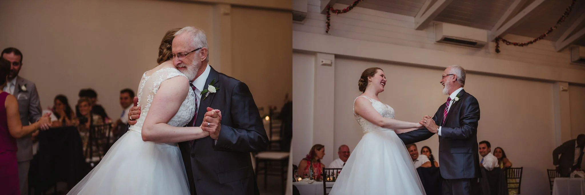 The bride and her dad share a dance during their wedding reception at the Merrimon Wynne in Raleigh, photos by Rose Trail Images.