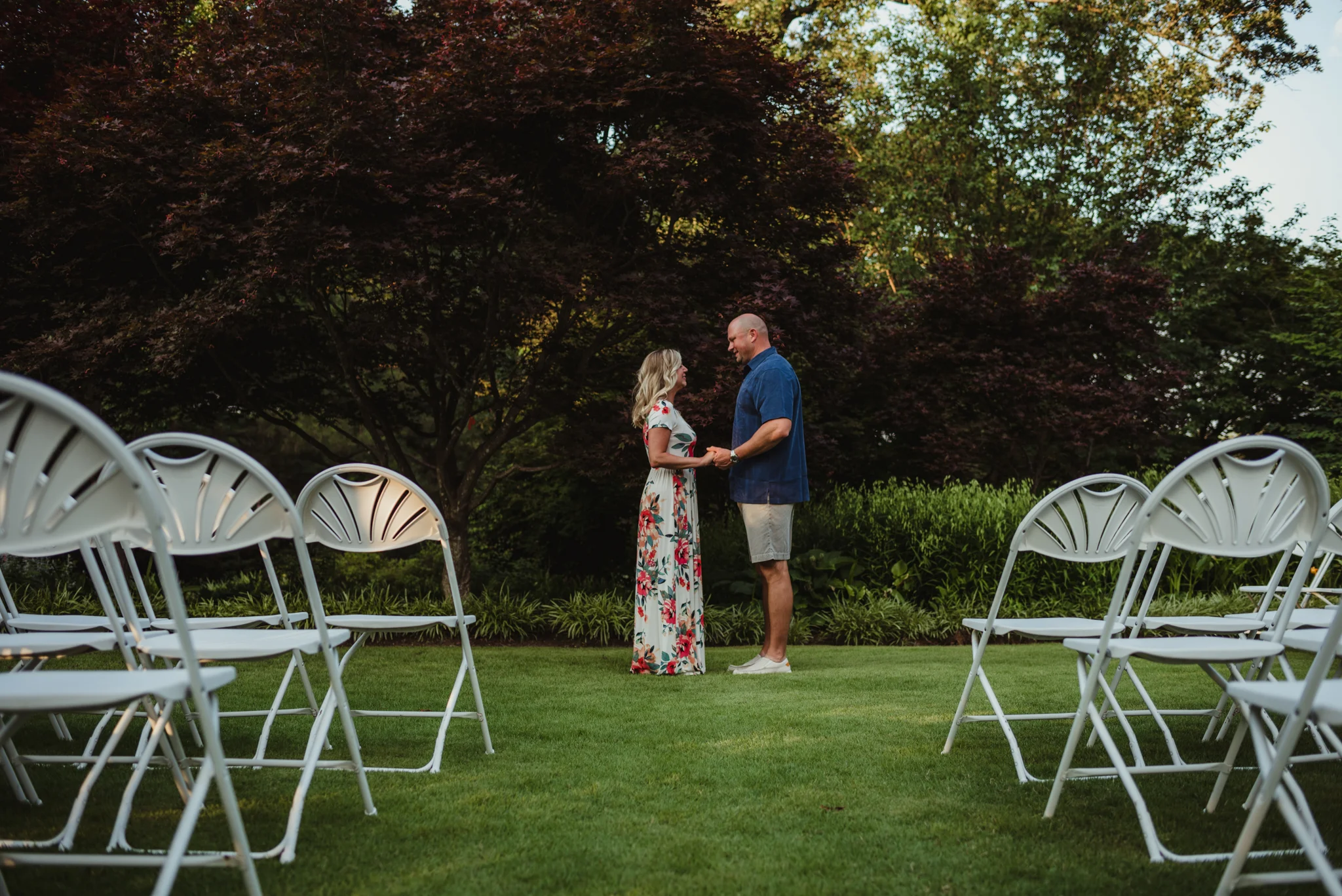 The groom and bride practice their big day during their engagement session at Fred Fletcher Park in Raleigh, North Carolina with Rose Trail Images.