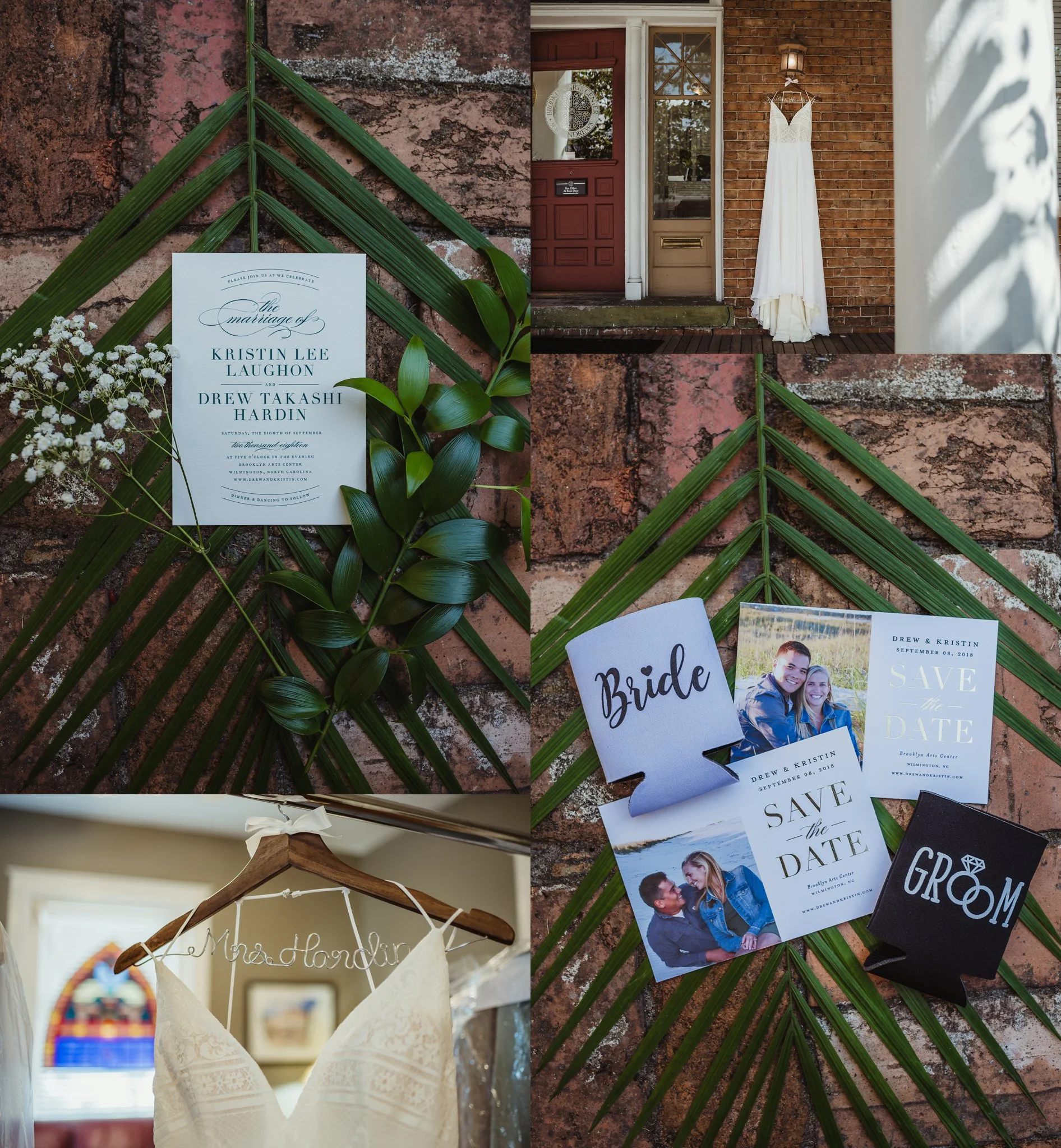 Wedding details contain a dress shot, a personalized hanger, and invitations on a palm frond and brick sidewalk in Wilmington, NC, images by Rose Trail Images.