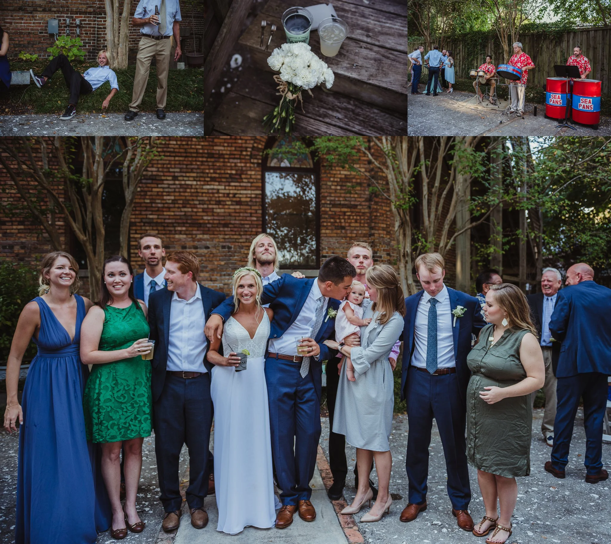 The bride and groom hang with guests and a steel drum band at their cocktail hour after their wedding ceremony in Wilmington, NC, photos by Rose Trail Images.