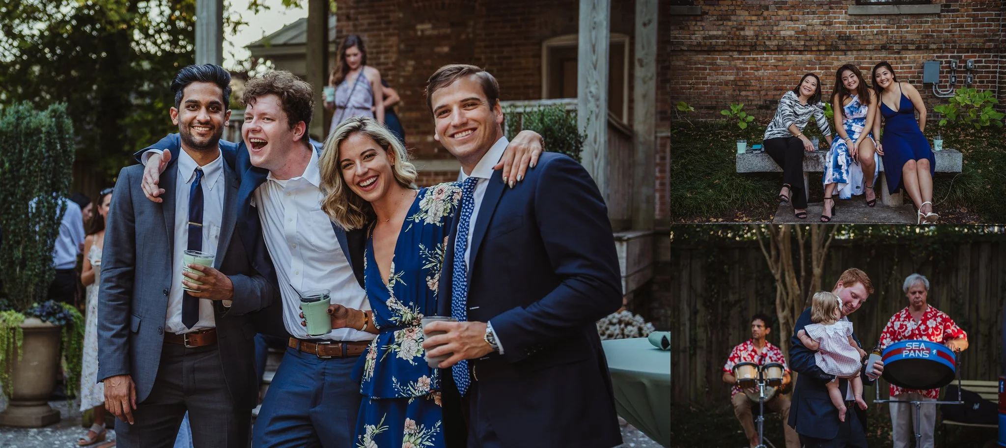 Guests pose for the camera at the cocktail hour after the wedding ceremony in Wilmington, NC, photos by Rose Trail Images.