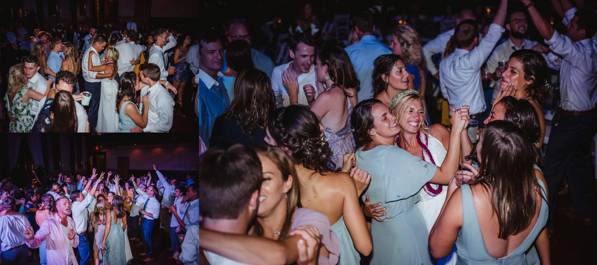 The bride and groom and all their guests dance at their wedding reception in Wilmington, NC, photos by Rose Trail Images.