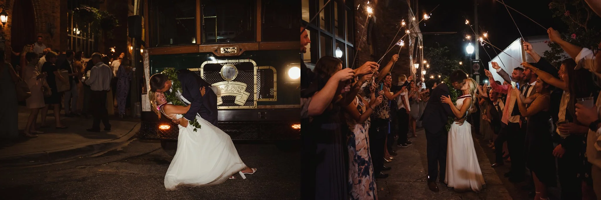 The bride and groom kiss in front of the trolley and in the sparkler exit at their wedding reception in Wilmington, NC, photos by Rose Trail Images.