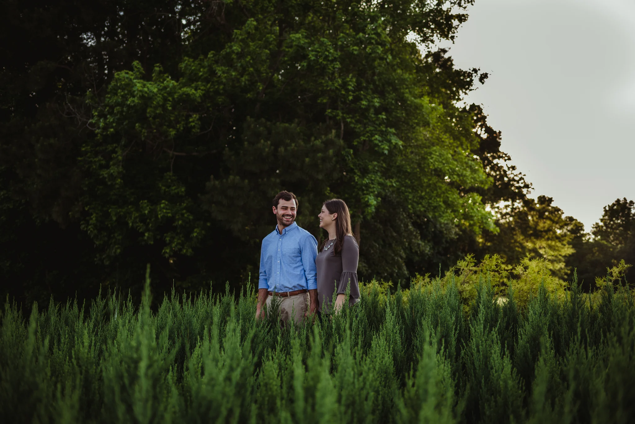The bride and groom to be stand in with the baby Christmas trees during their engagement pictures with Rose Trail Images at their family farm in Benson, North Carolina.