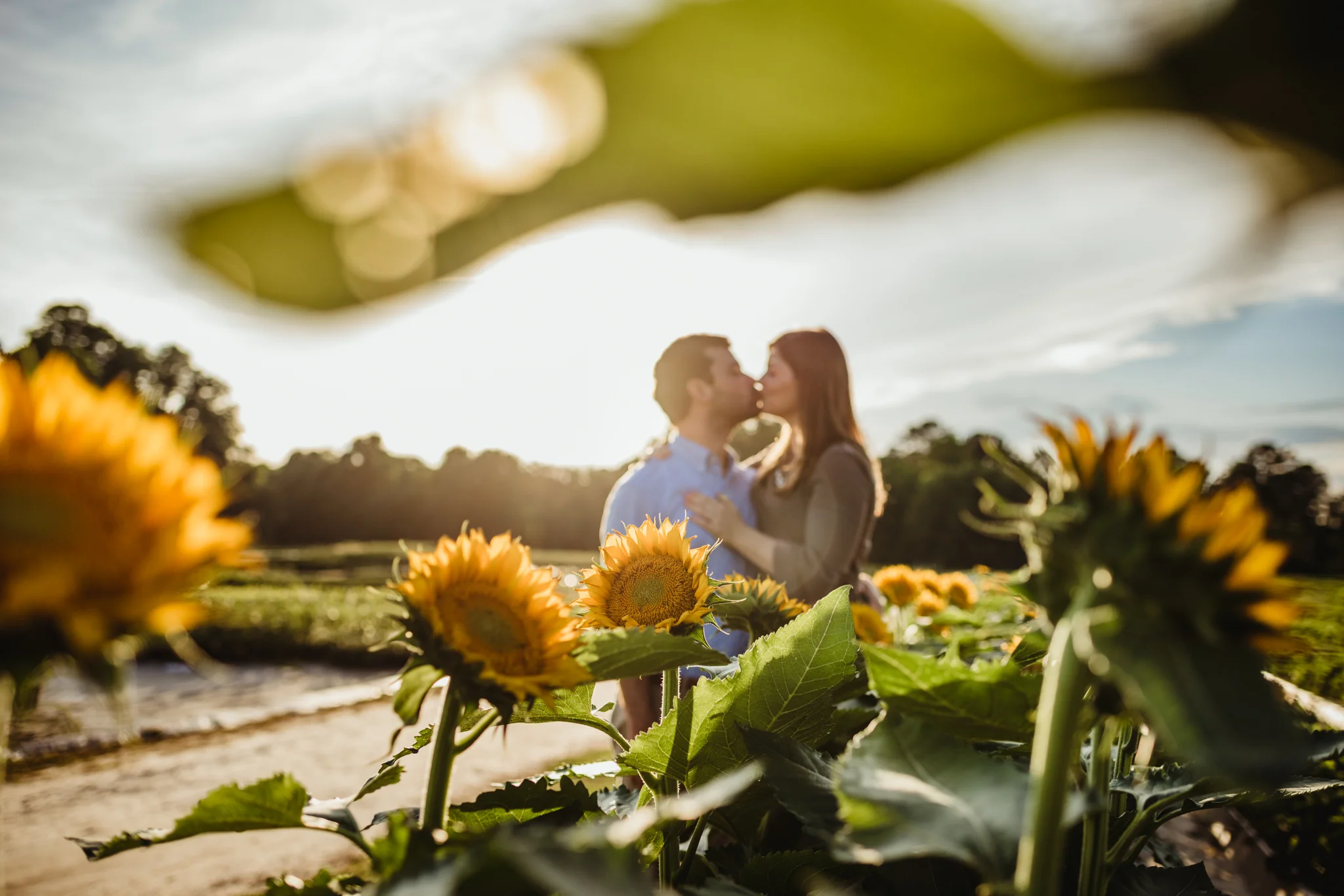 The bride and groom to be kiss in the sunflowers for their engagement pictures with Rose Trail Images at their family farm in Benson, North Carolina.