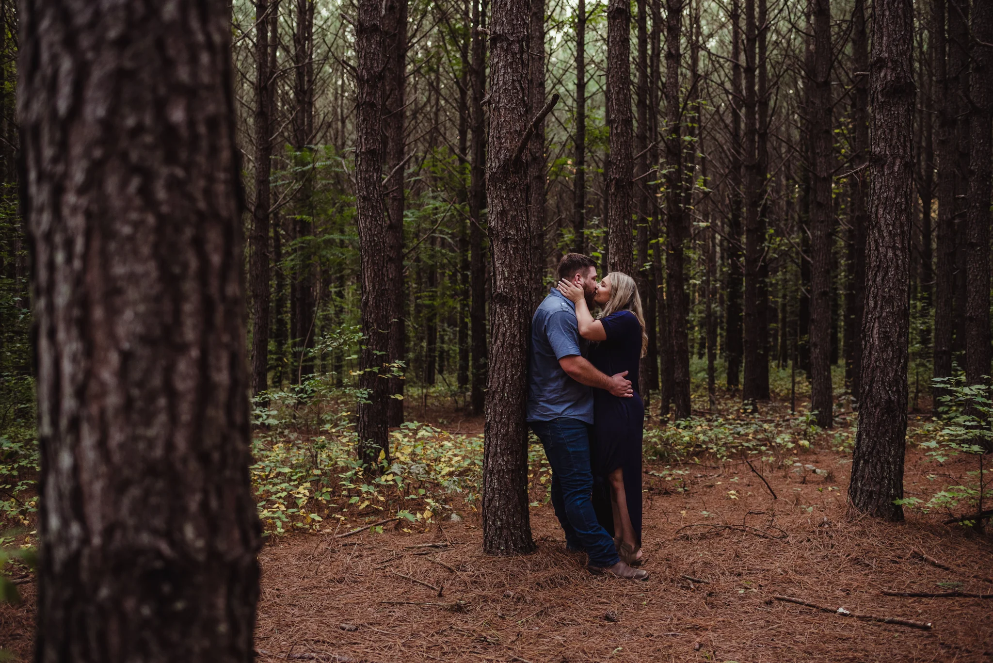 The future bride and groom kiss in the woods at the Warren Estate for their engagement pictures with Rose Trail Images.