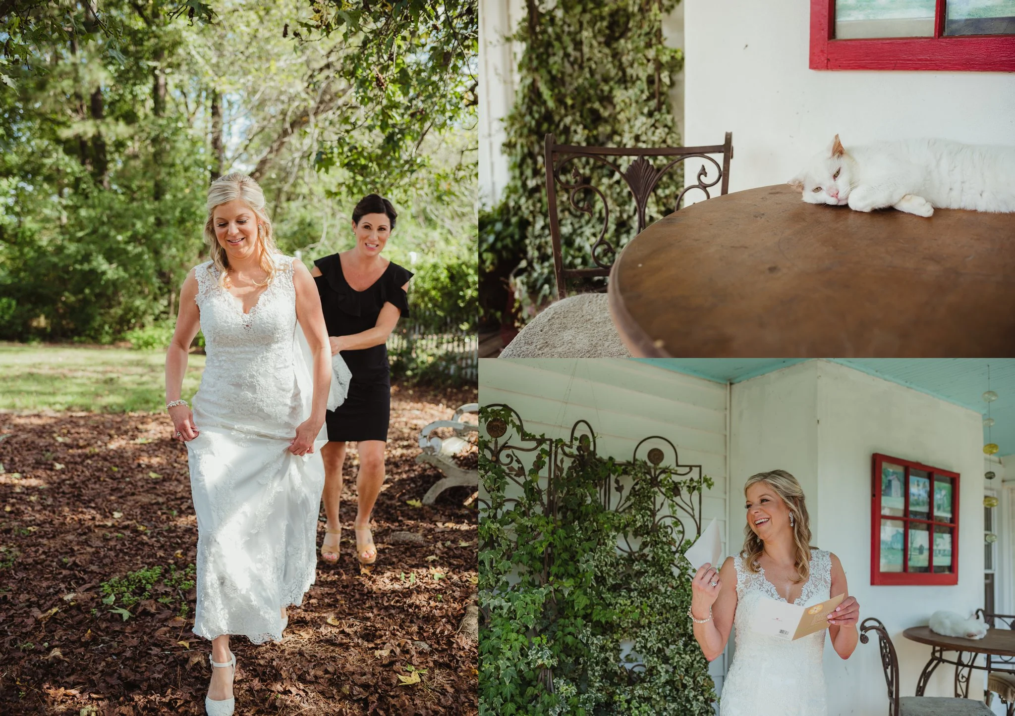 The bride walks towards her groom for a first look with Rose Trail Images before their wedding ceremony at Cedar Grove Acres near North Carolina.