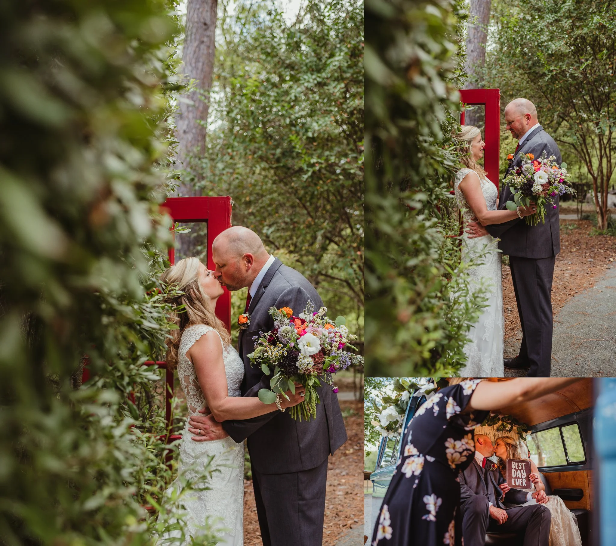 The bride and groom kiss during their portraits with Rose Trail Images after their wedding ceremony at Cedar Grove Acres near North Carolina.