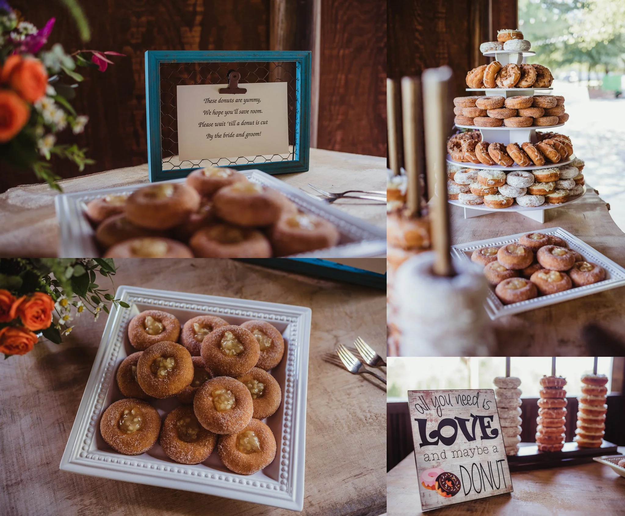 The bride and groom chose donuts instead of cake for their wedding reception at Cedar Grove Acres near Raleigh, pictures by Rose Trail Images.