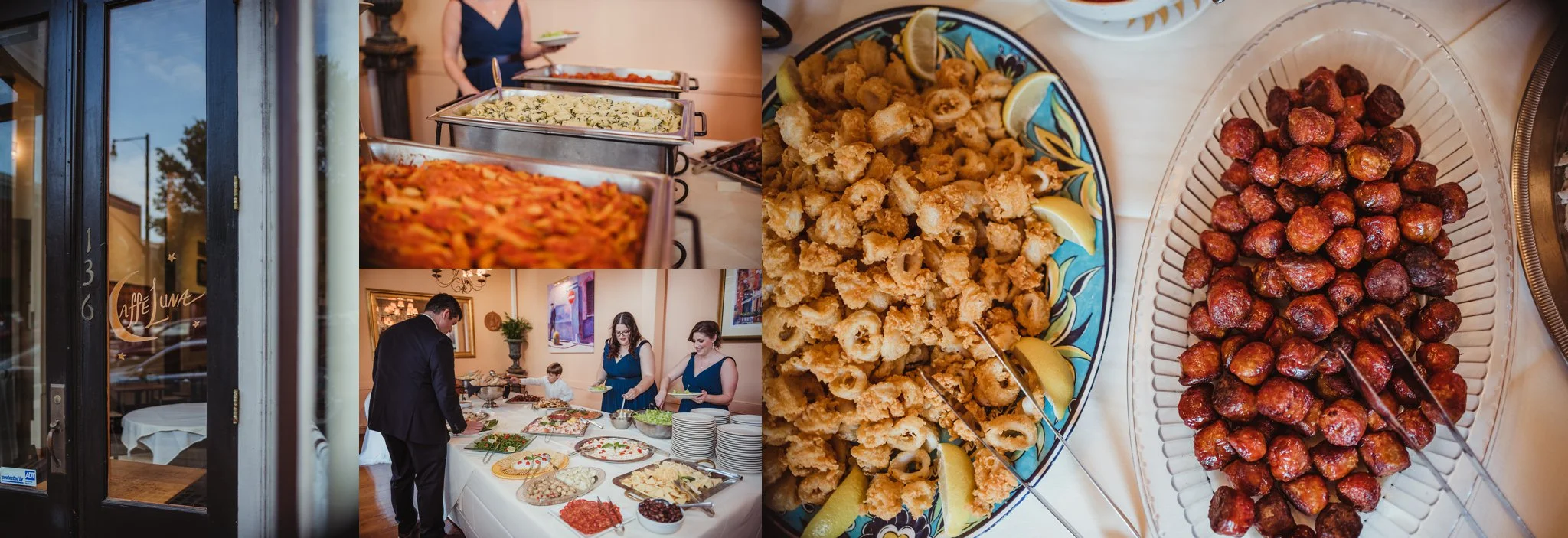 Pictures of the amazing Italian feast during the bride and groom’s wedding reception, pictures taken by Rose Trail Images at Caffe Luna in Raleigh, NC.