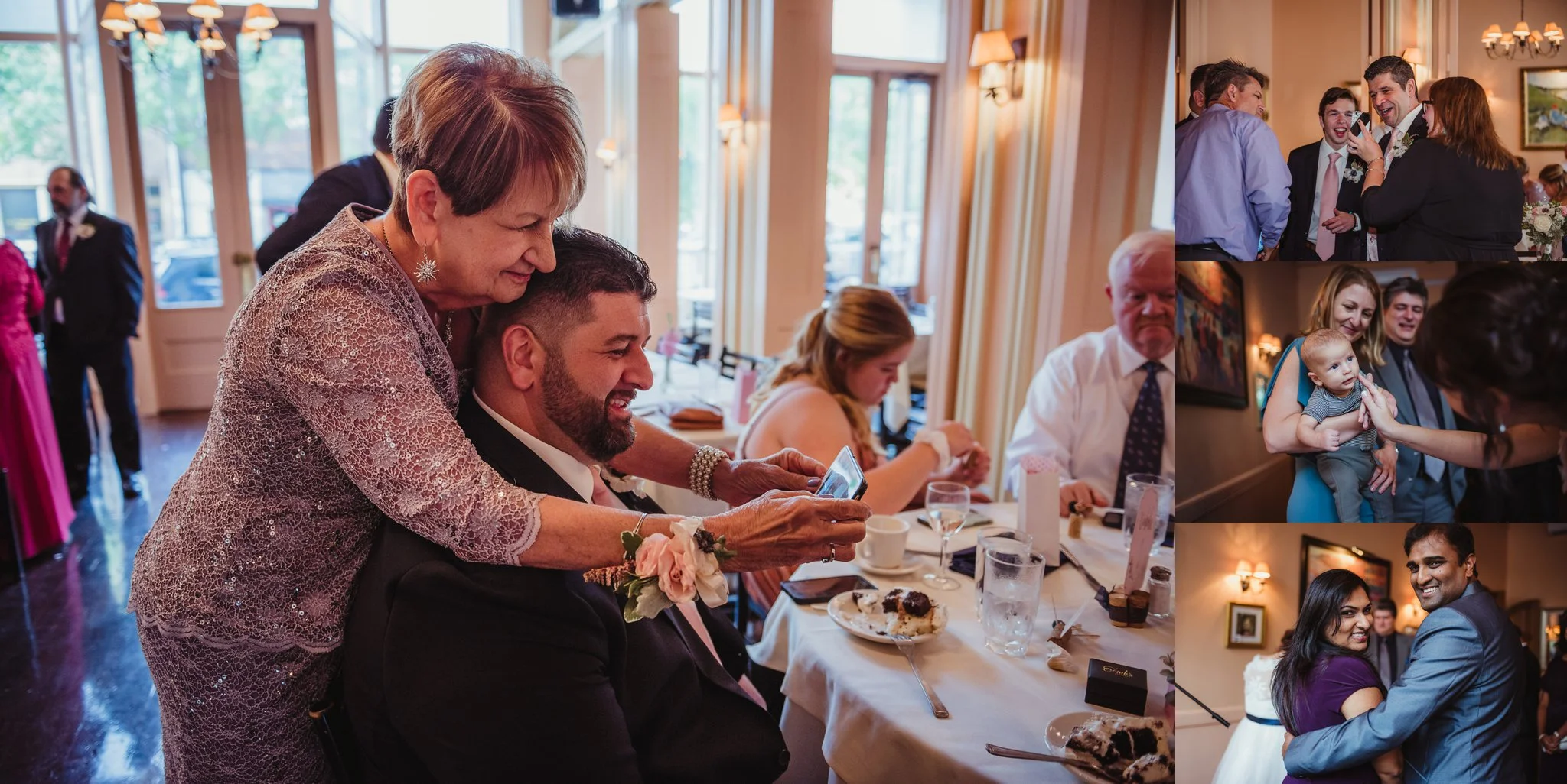 Guests were having a lot of fun laughing and interacting during the wedding reception at Caffe Luna, pictures taken by Rose Trail Images in Raleigh, NC.