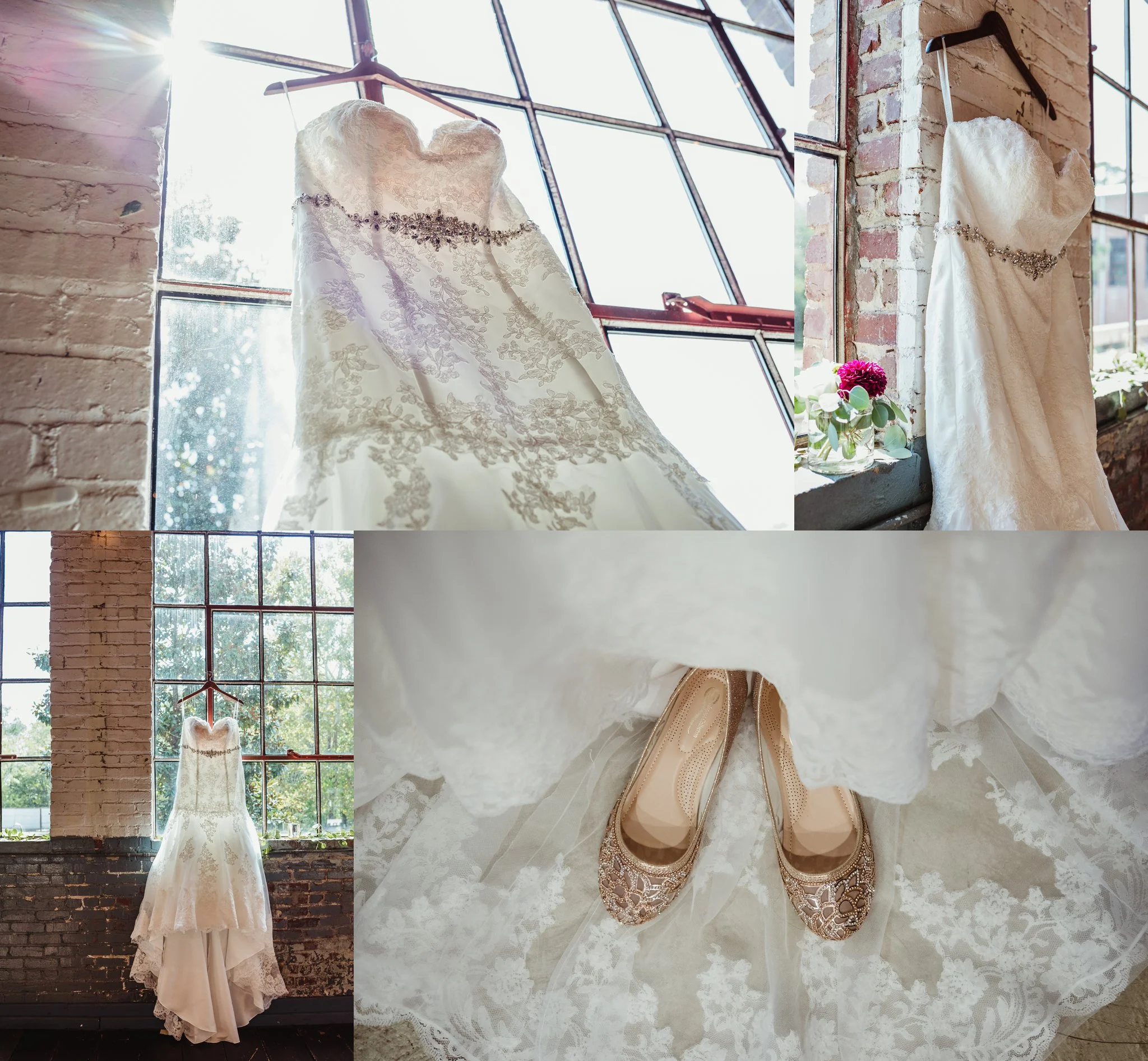 Details of the wedding dress and shoes before the ceremony at Forest Hall at Chatham Mills in Raleigh, North Carolina, pictures by Rose Trail Images.