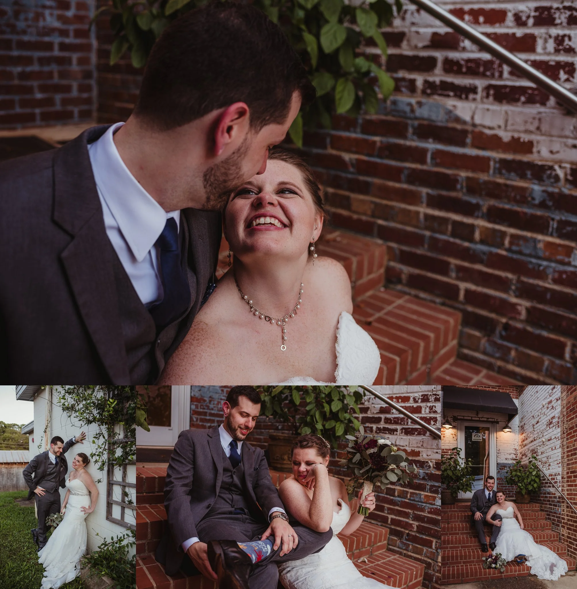 The bride and groom take portraits outside by the brick stairs after their wedding ceremony in Raleigh, North Carolina, pictures by Rose Trail Images.
