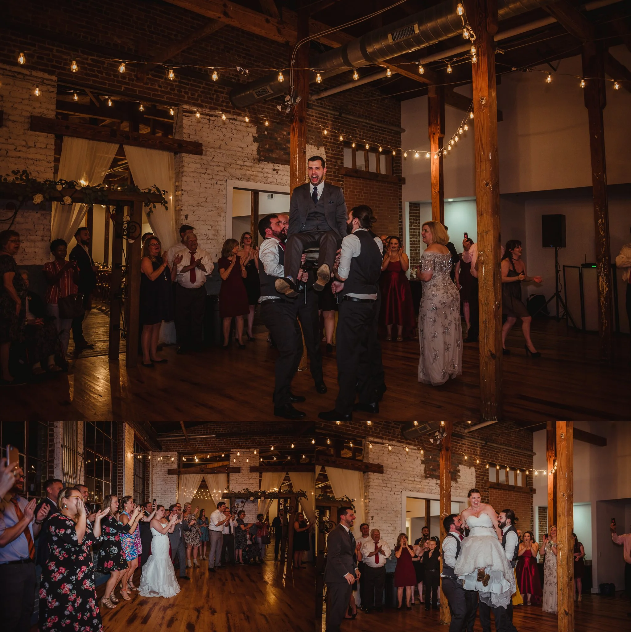 The bride and groom and their guests danced the hava nagila at their wedding reception in Raleigh, North Carolina, pictures by Rose Trail Images.