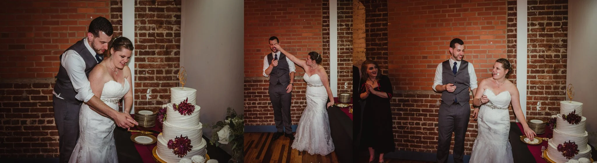 The bride and groom cut the cake and made a mess at their wedding reception in Raleigh, North Carolina, pictures by Rose Trail Images.