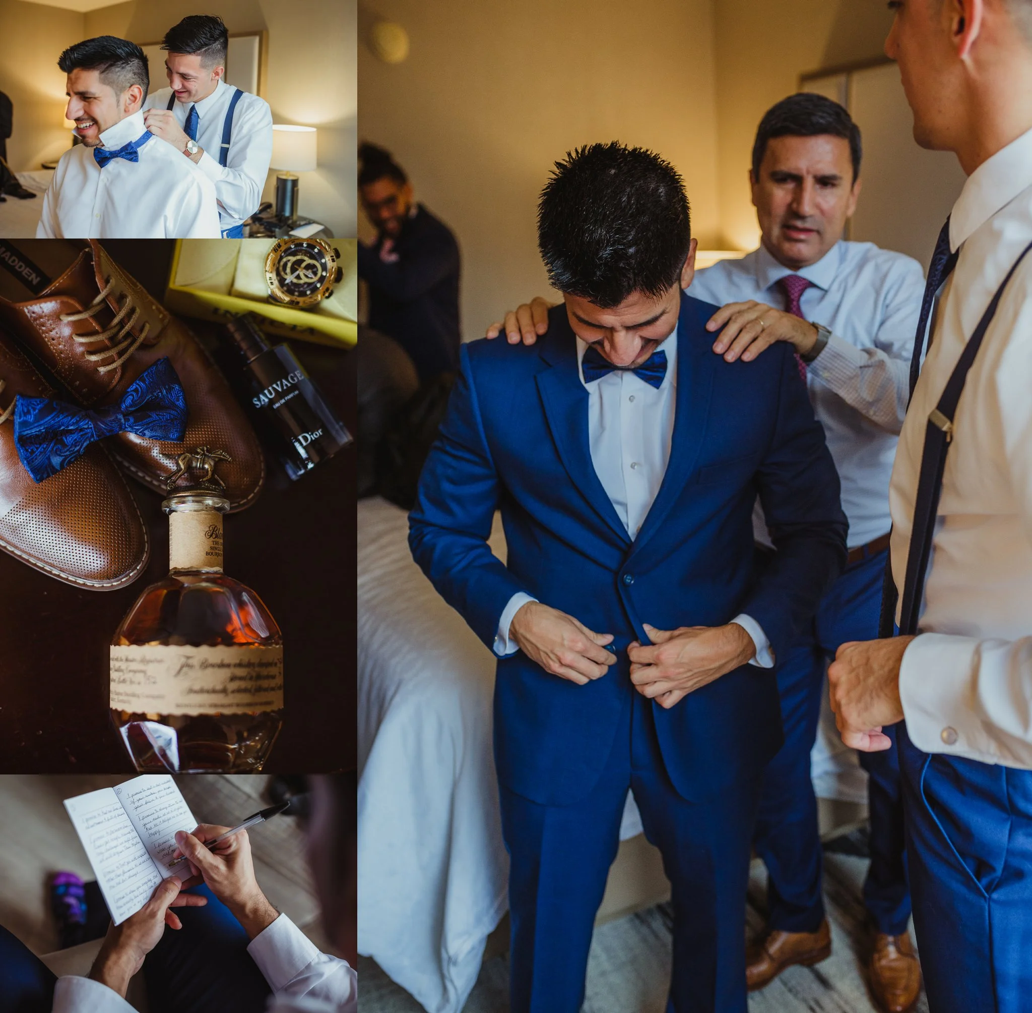 The groom got ready in downtown Raleigh and details include writing vows, a blue suit and matching bowtie, and bourbon, photos by Rose Trail Images.