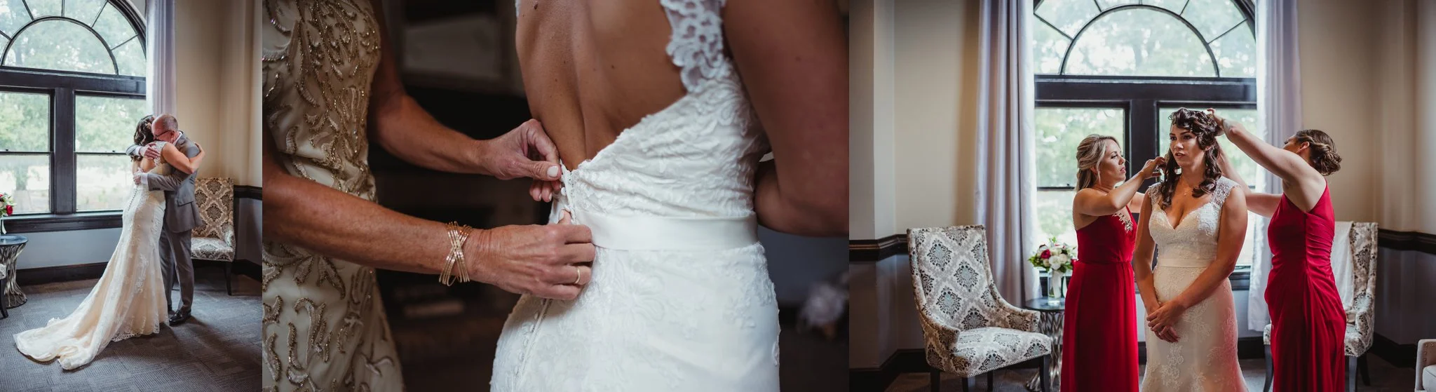 Wedding details include the lace wedding gown, the bride getting ready, and a father’s first look at his daughter before the wedding in downtown Raleigh, photos by Rose Trail Images.