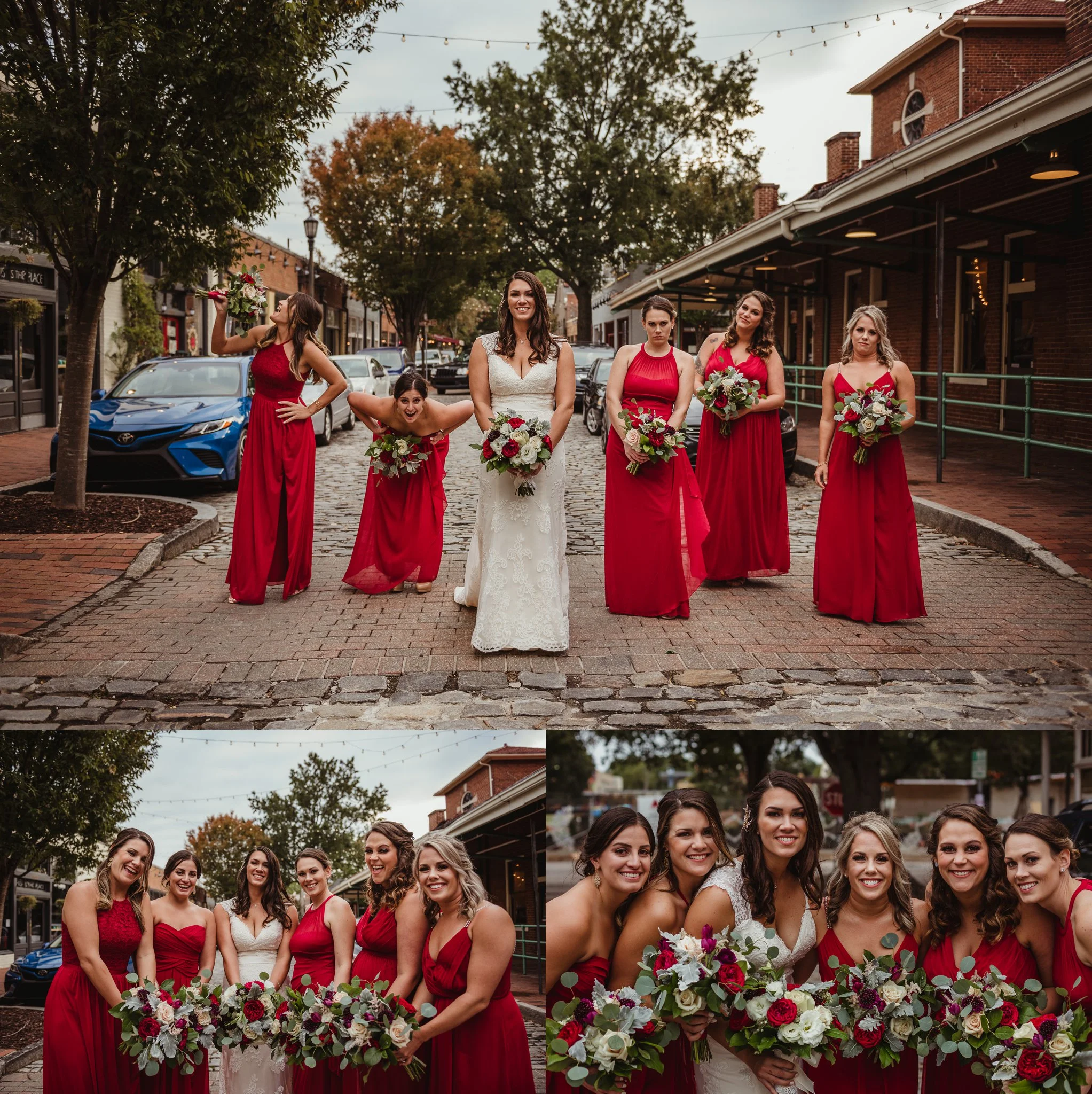 The bridesmaids and bride took group portraits outside at Market Hall after wedding ceremony in downtown Raleigh, photos by Rose Trail Images.