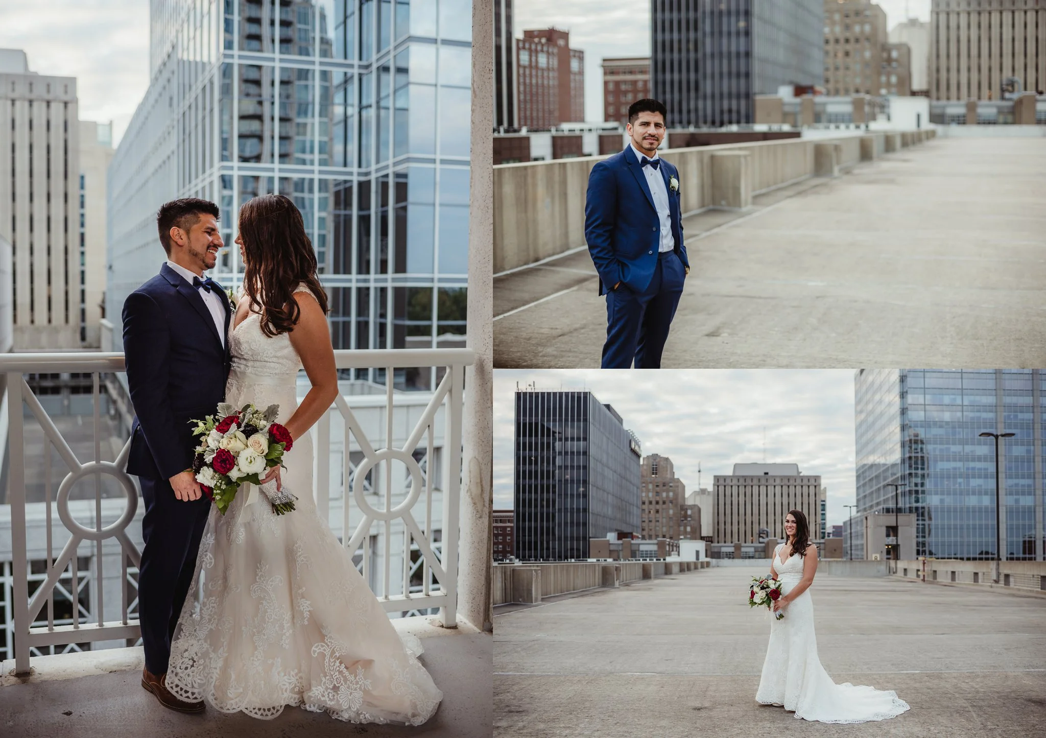 The bride and groom took portraits outside after their wedding ceremony in downtown Raleigh, photos by Rose Trail Images.