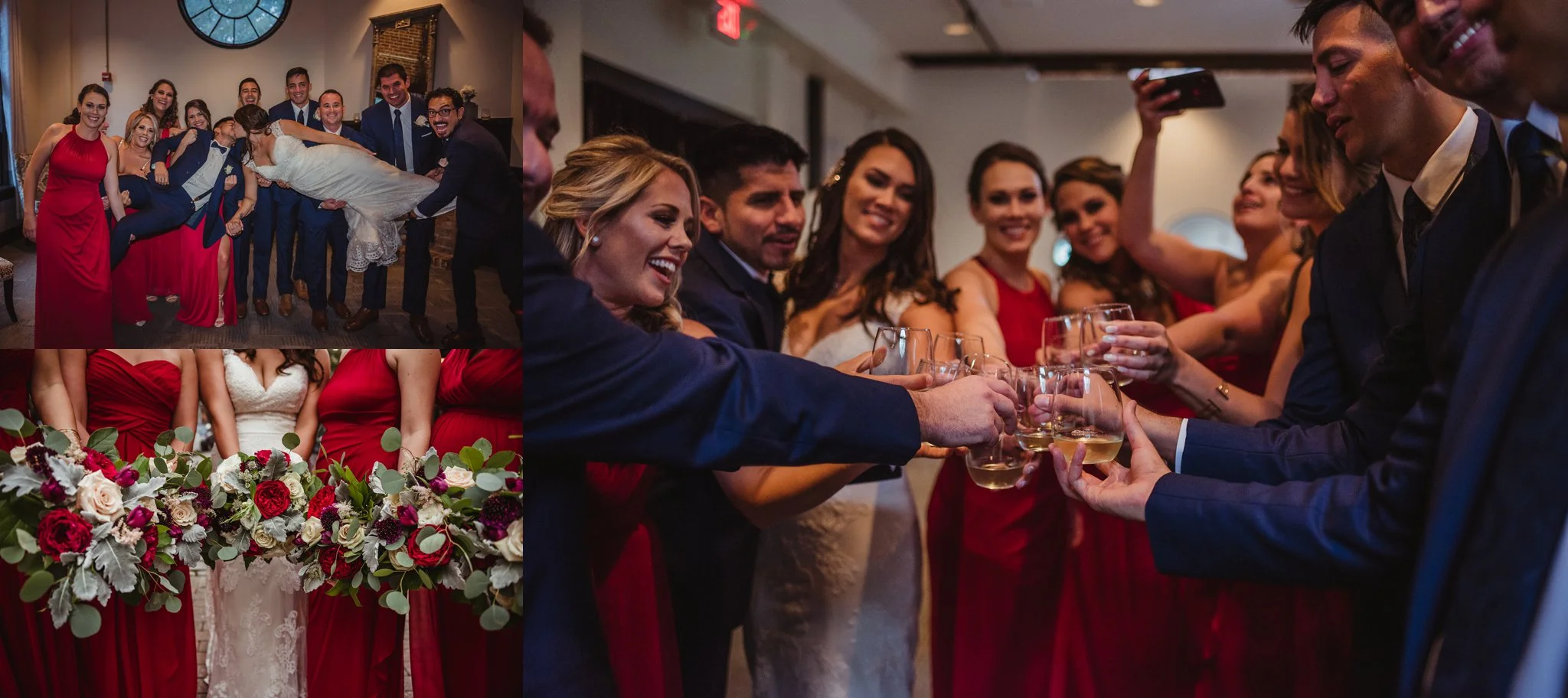 The bride and groom, along with their bridal party, cheered and celebrated before the wedding ceremony in downtown Raleigh, photos by Rose Trail Images.