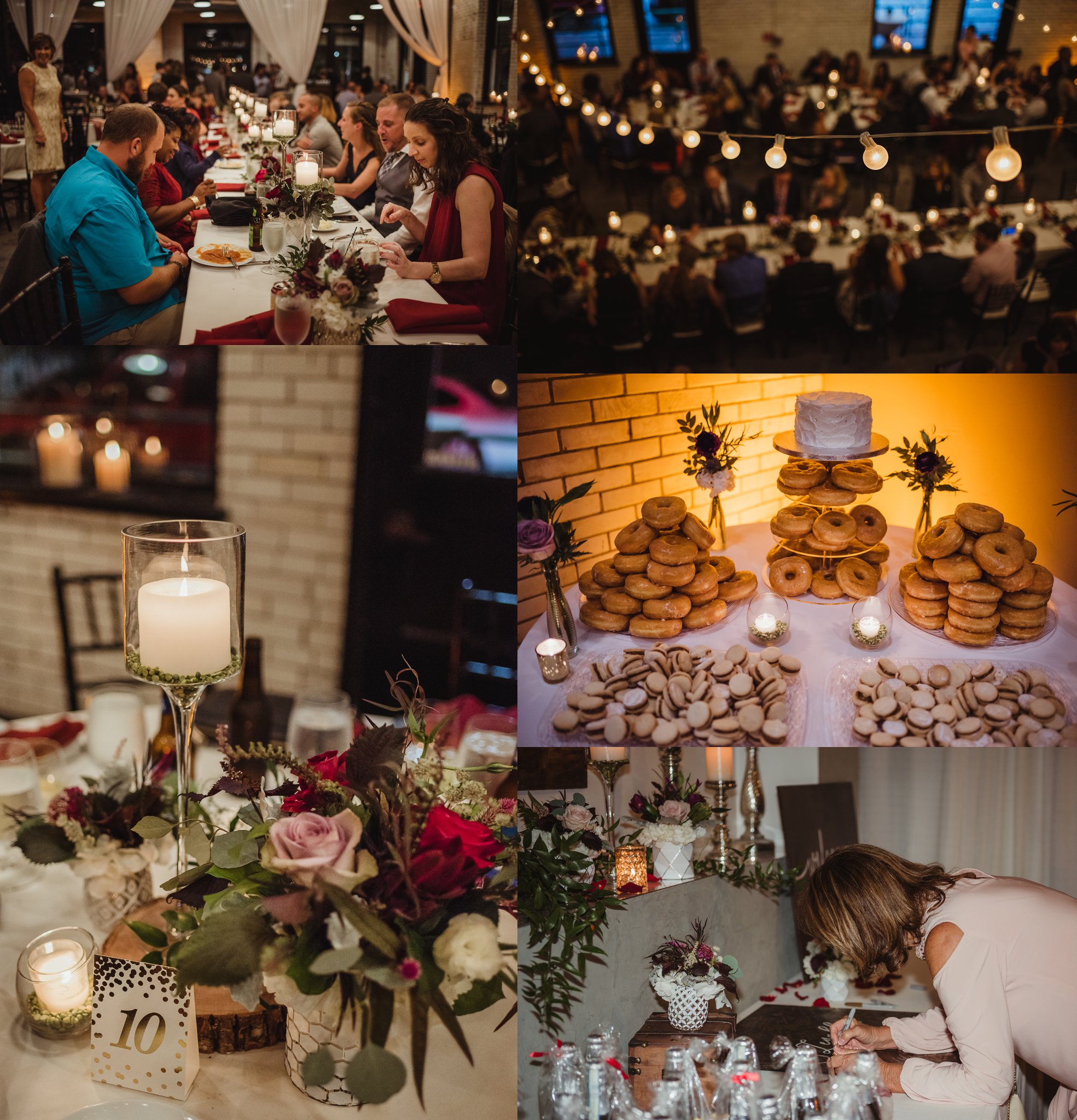Details include flowers, candles, donuts, and romantic lighting at their wedding reception at Market Hall in downtown Raleigh, photos by Rose Trail Images.