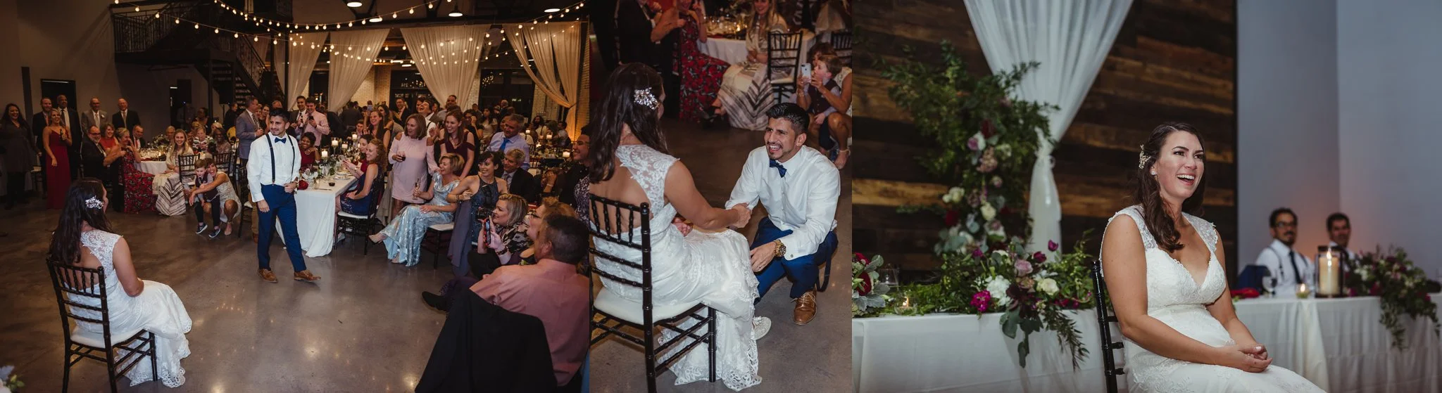 The groom does a dance and gets the garter from his bride at their wedding reception at Market Hall in downtown Raleigh, photos by Rose Trail Images.